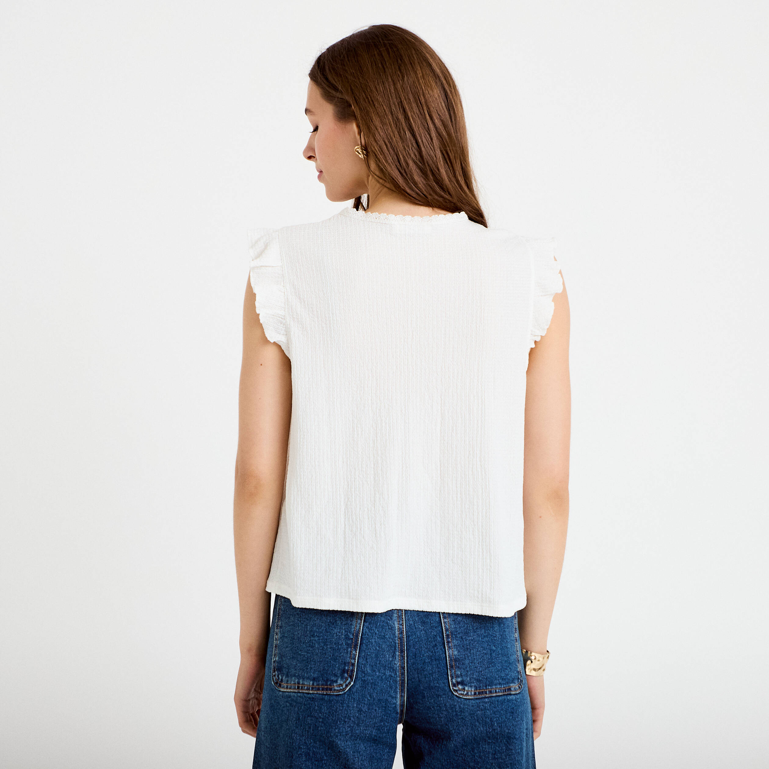 Blouse sans manches col rond ecru femme