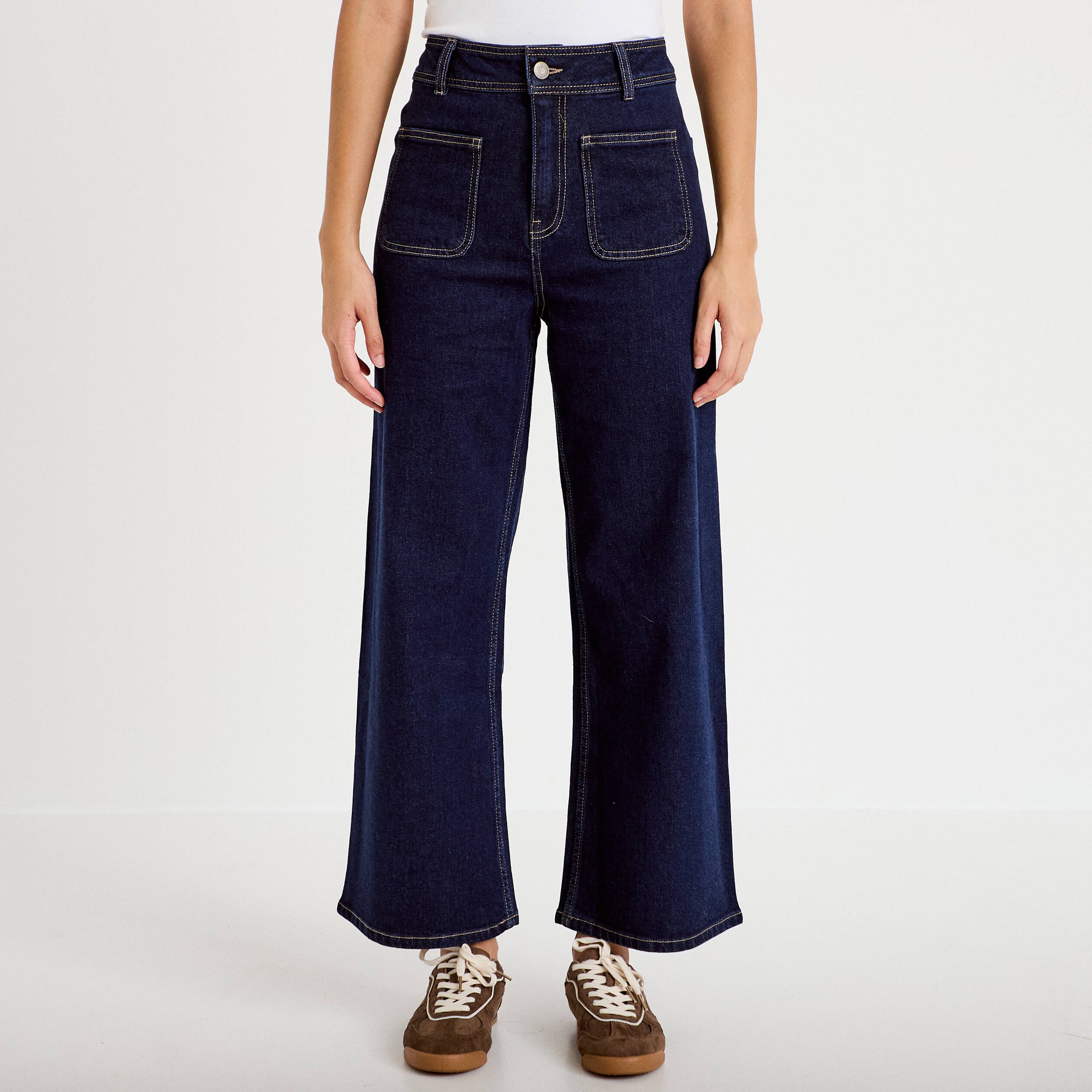 Jean wide leg cropped taille haute denim brut femme