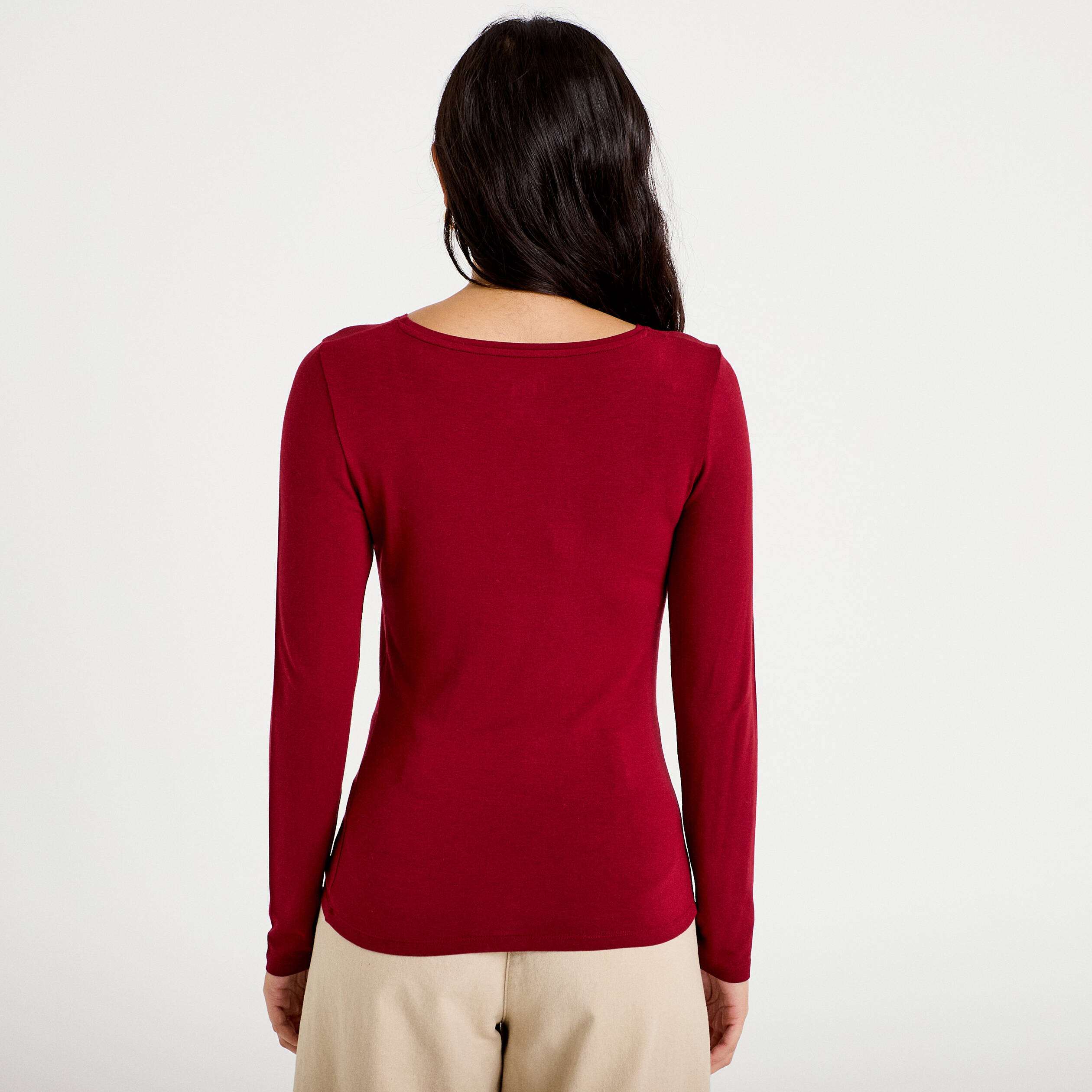 T-shirt uni &agrave; manches longues rouge femme