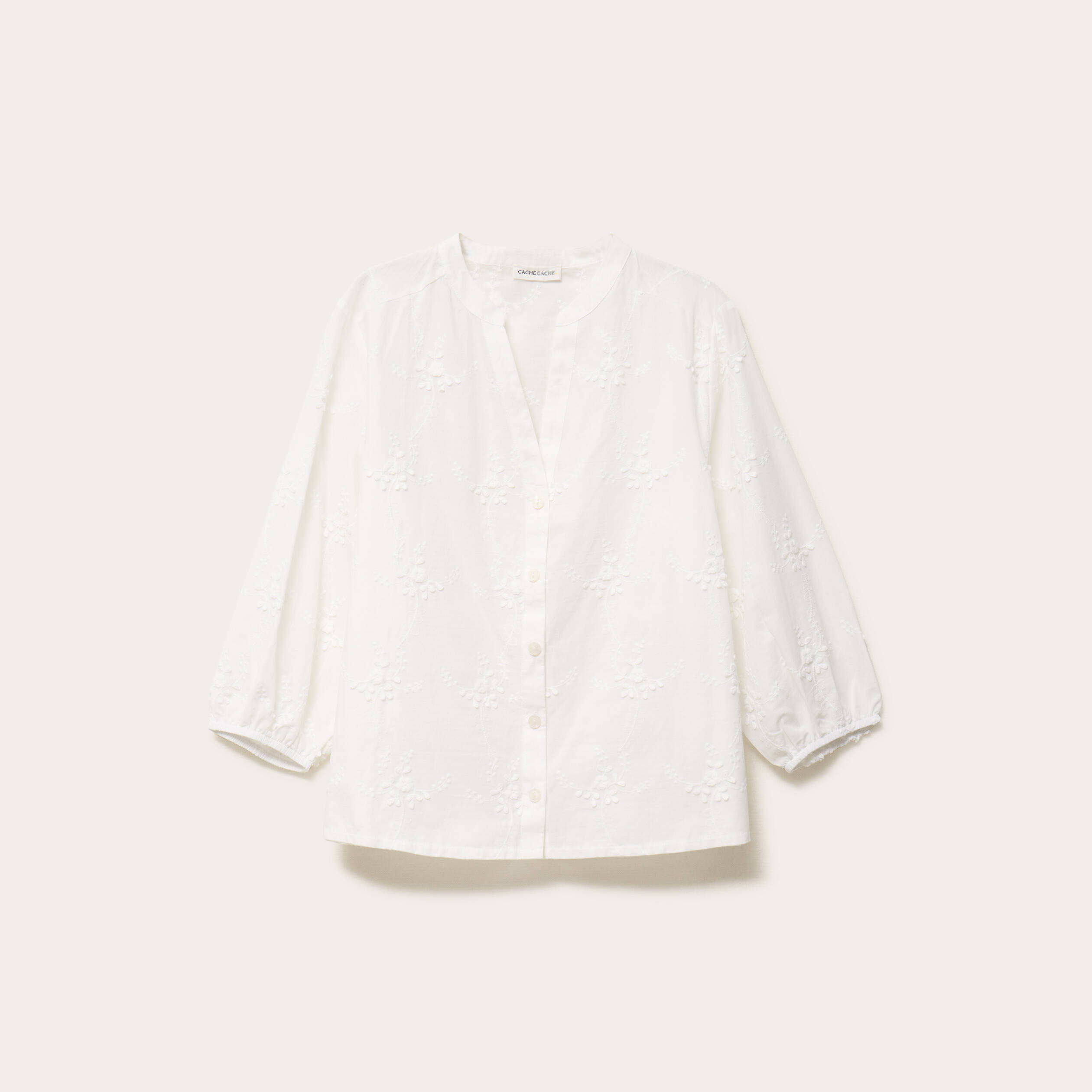 Blouse brod&eacute;e col mao manches 3/4 ecru femme