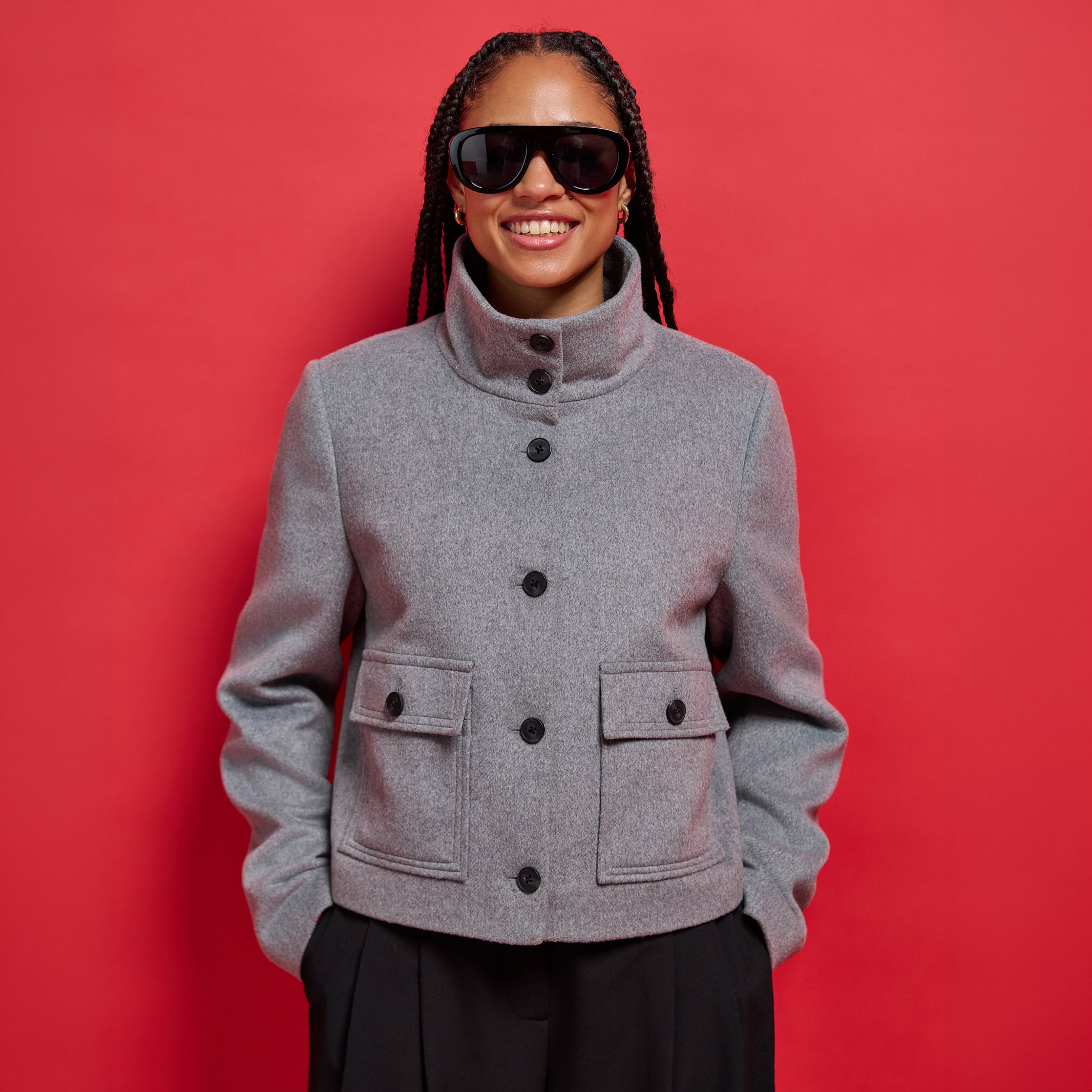 Veste courte aspect laineux gris femme