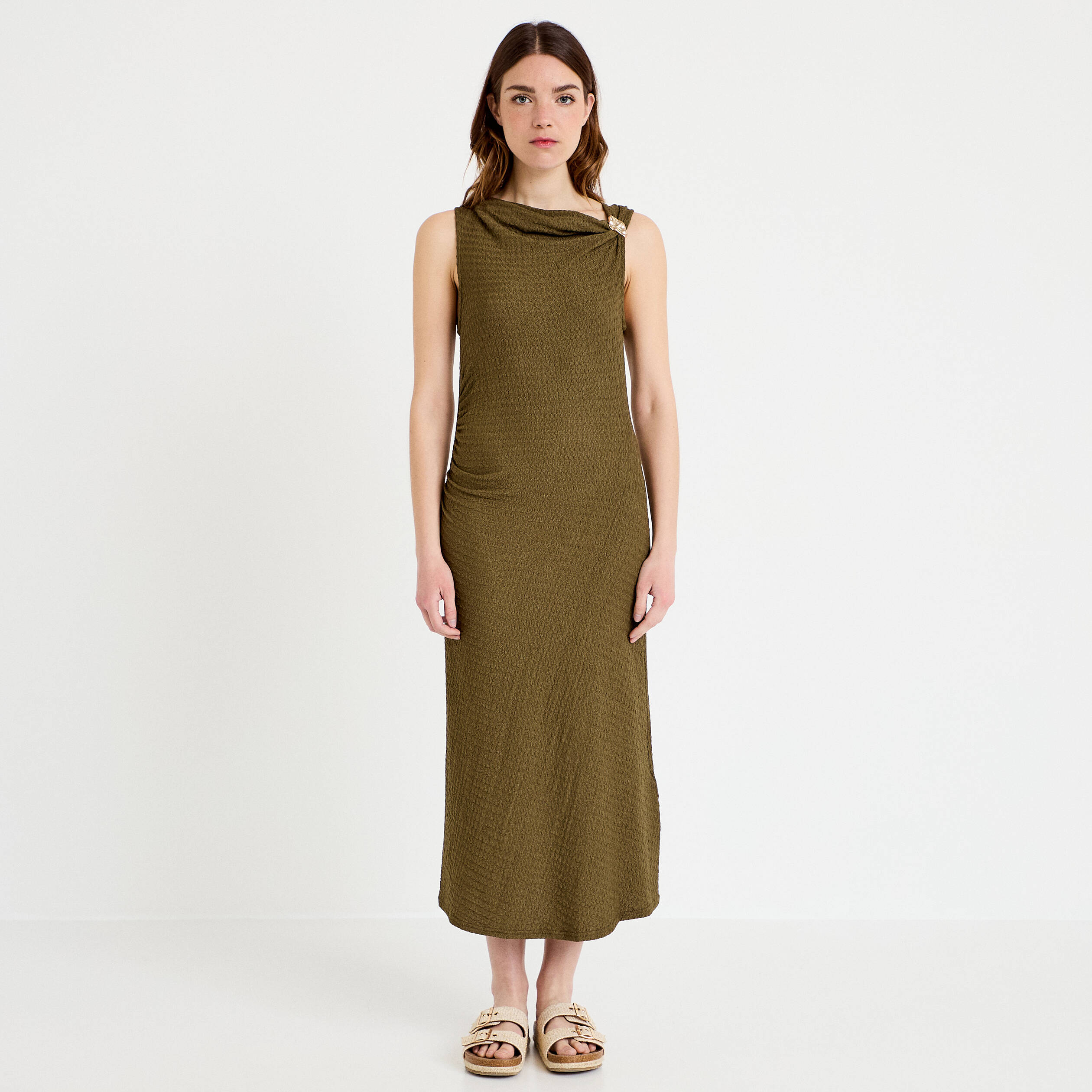 Robe midi droite sans manches en maille vert kaki femme