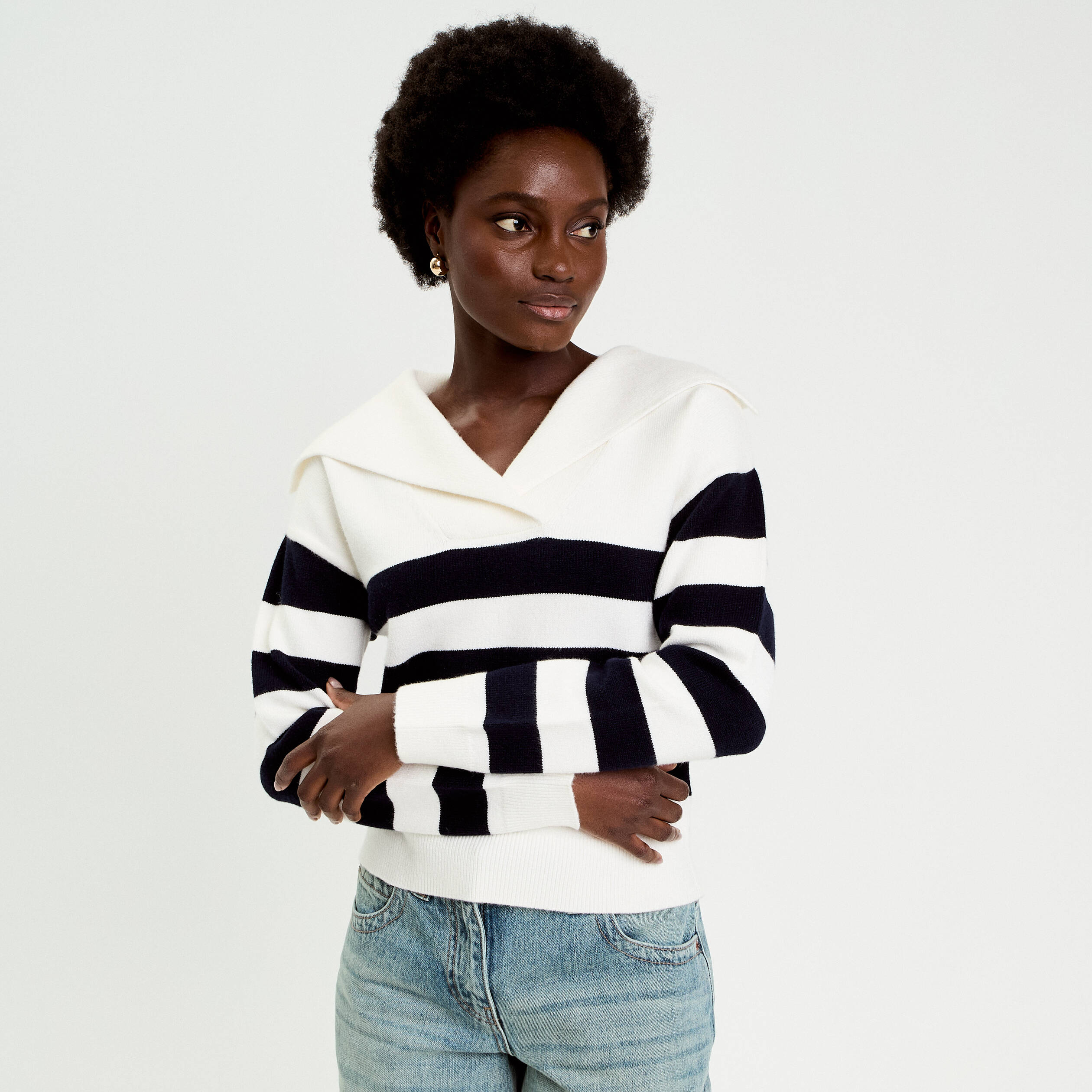 Pull col marin manches longues blanc femme