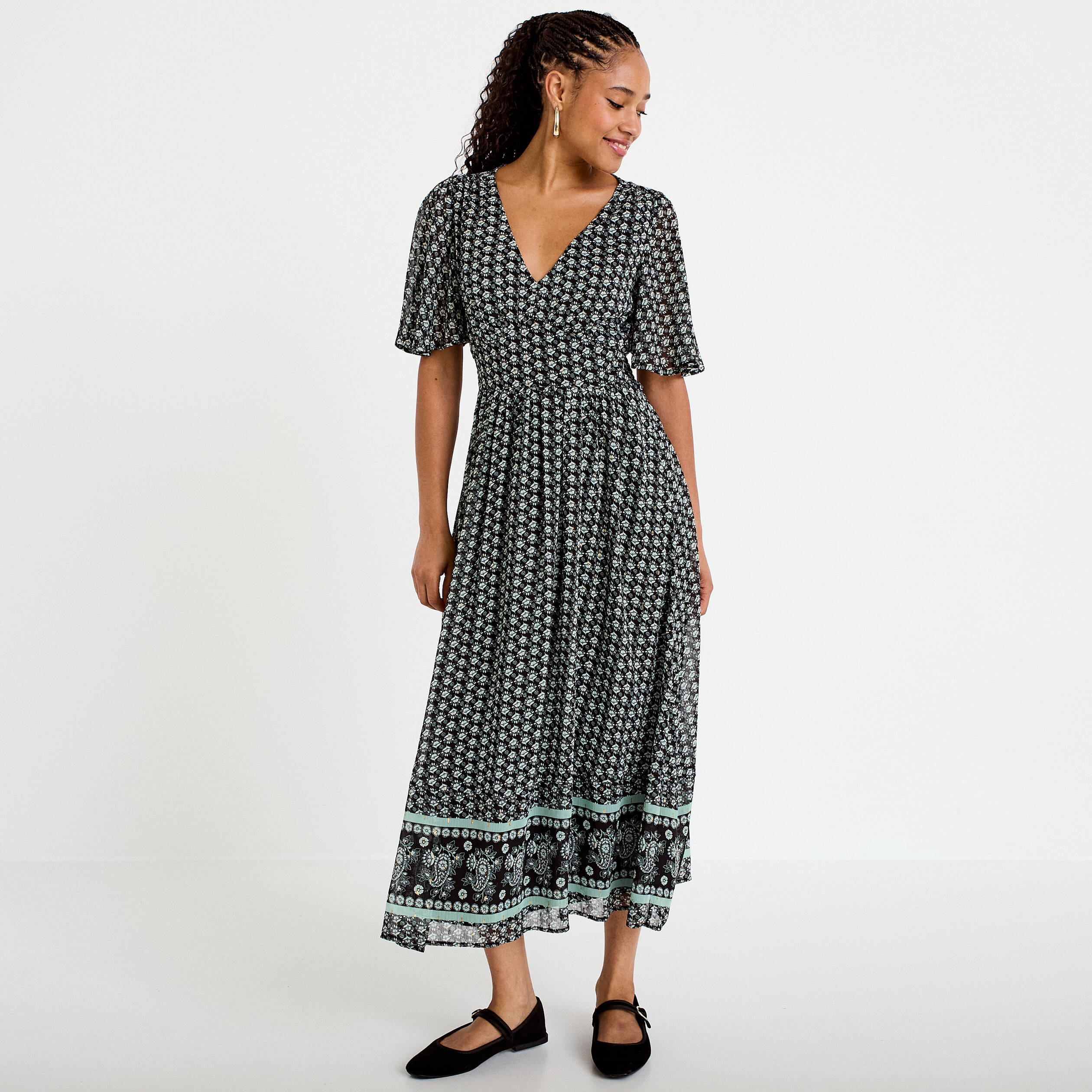 Robe longue &eacute;vas&eacute;e col v voile noir femme