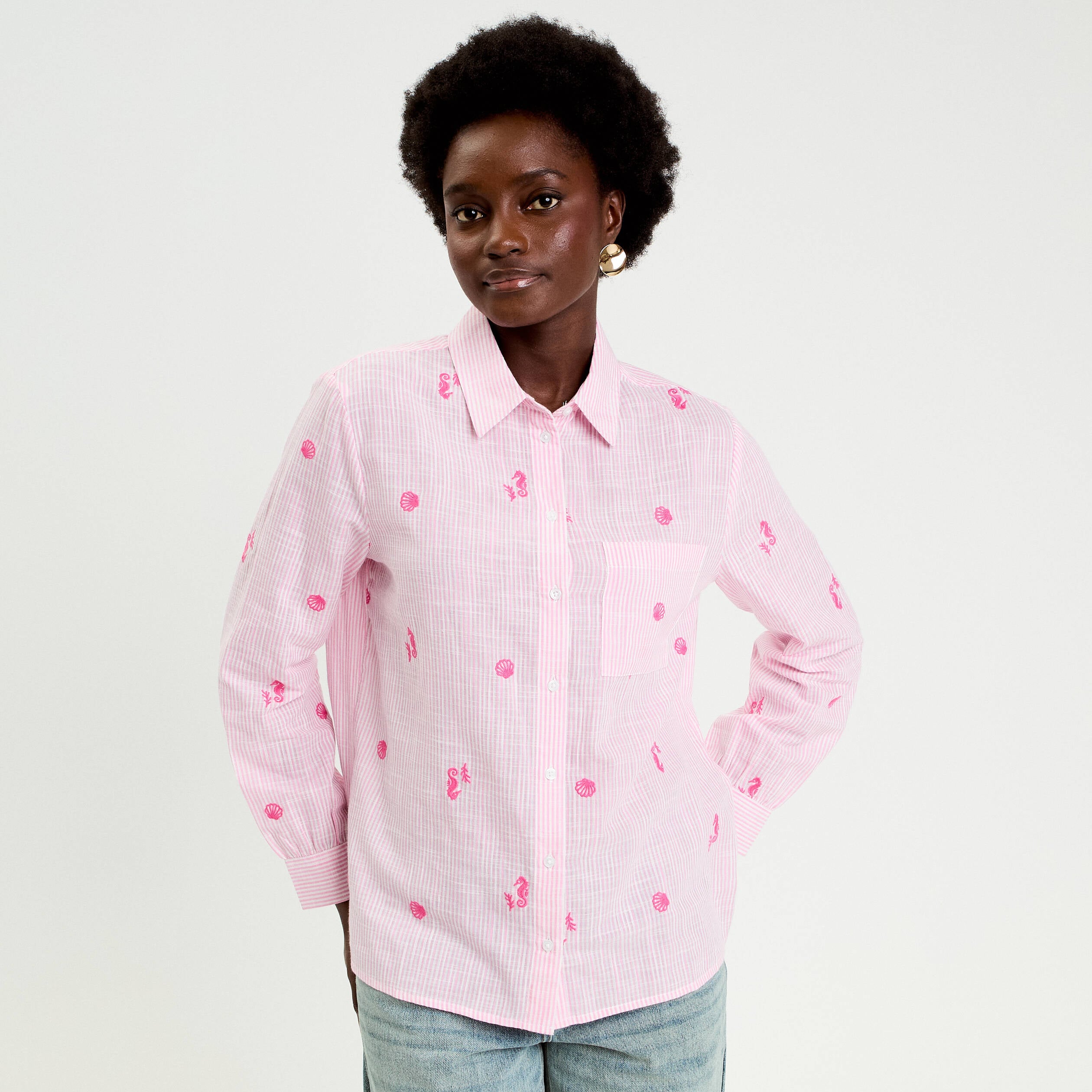 Chemise brod&eacute;e manches longues blanc femme