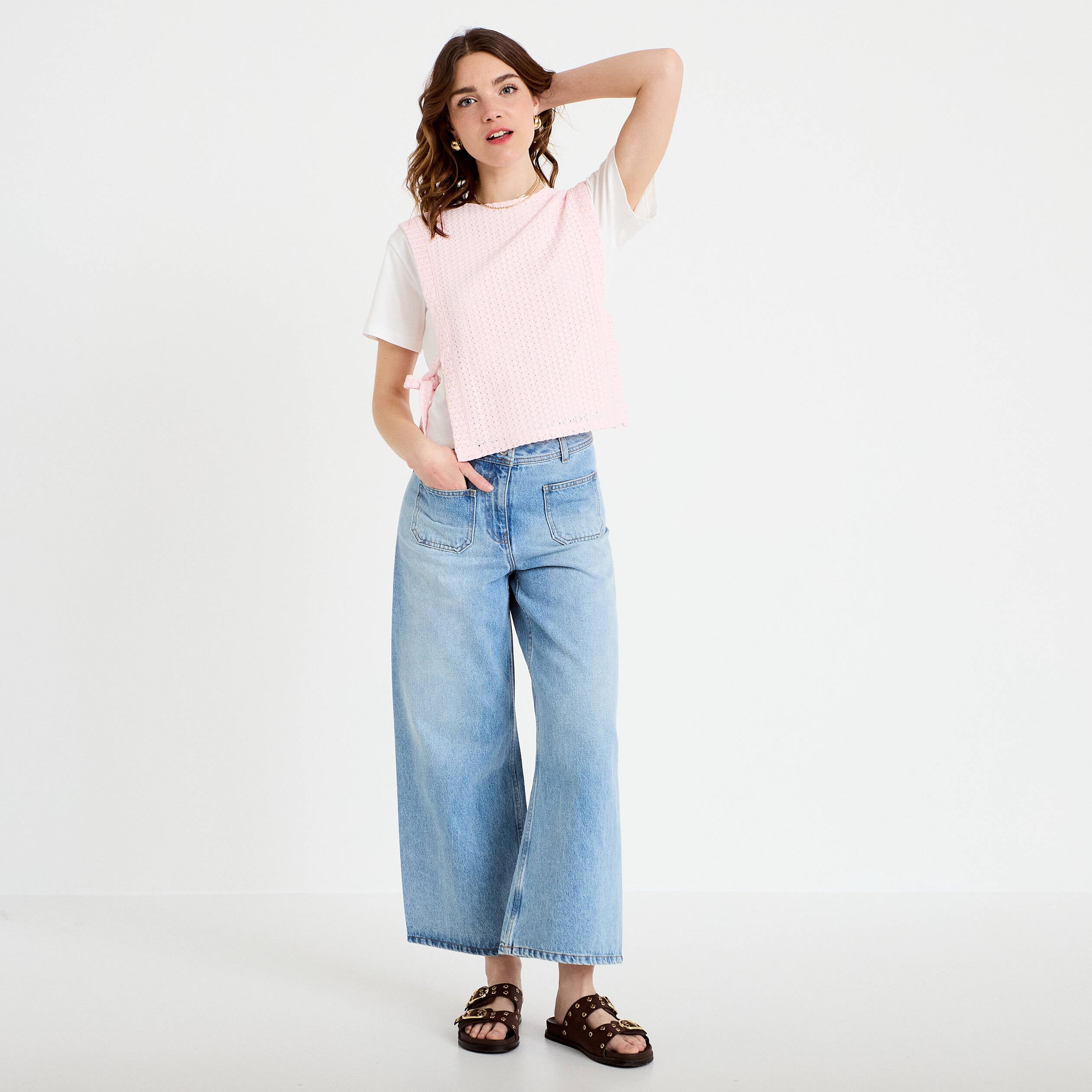 T-shirt 2-en-1 col rond manches courtes rose clair femme