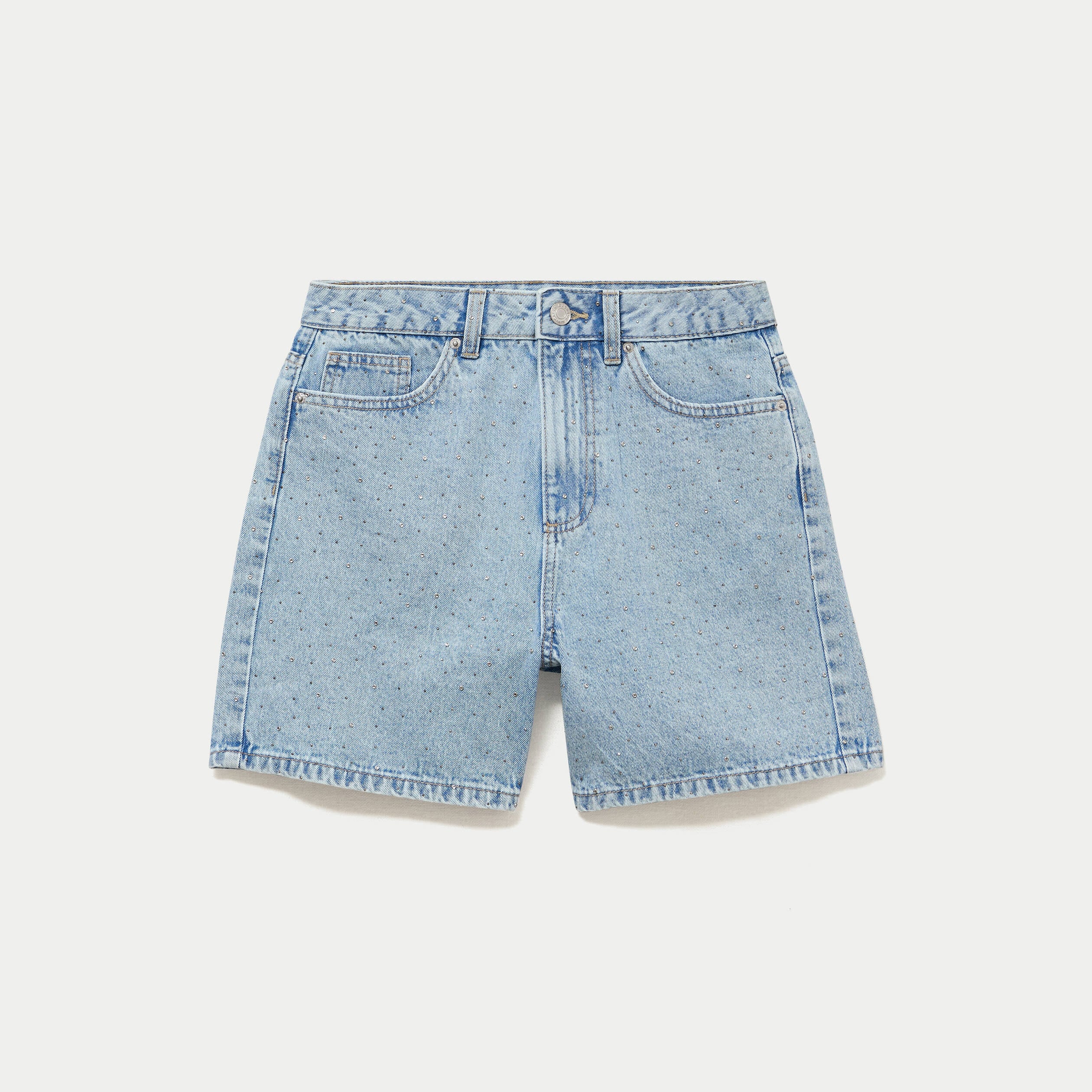 Short mom taille haute en jean strass denim triple stone femme
