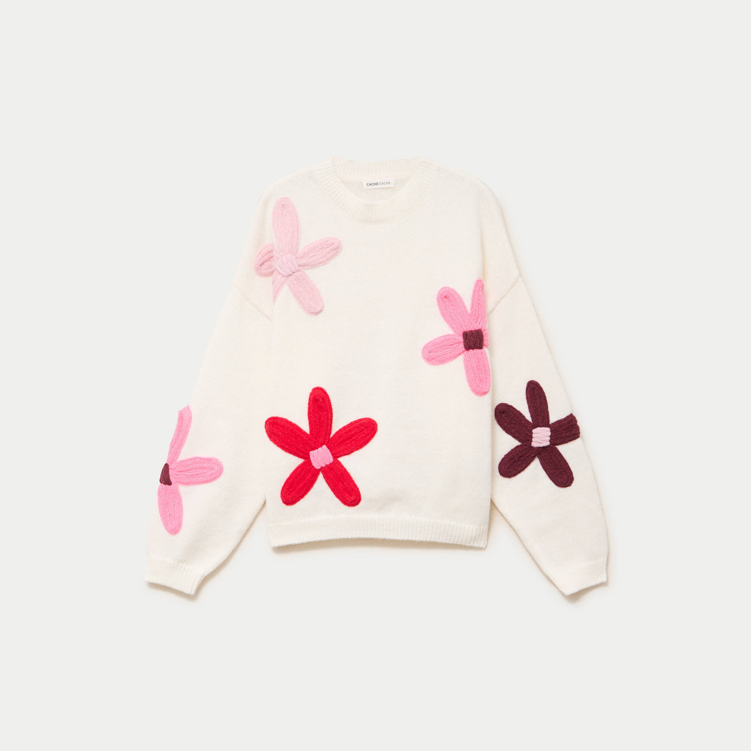 Pull oversize col rond manches longues ecru femme