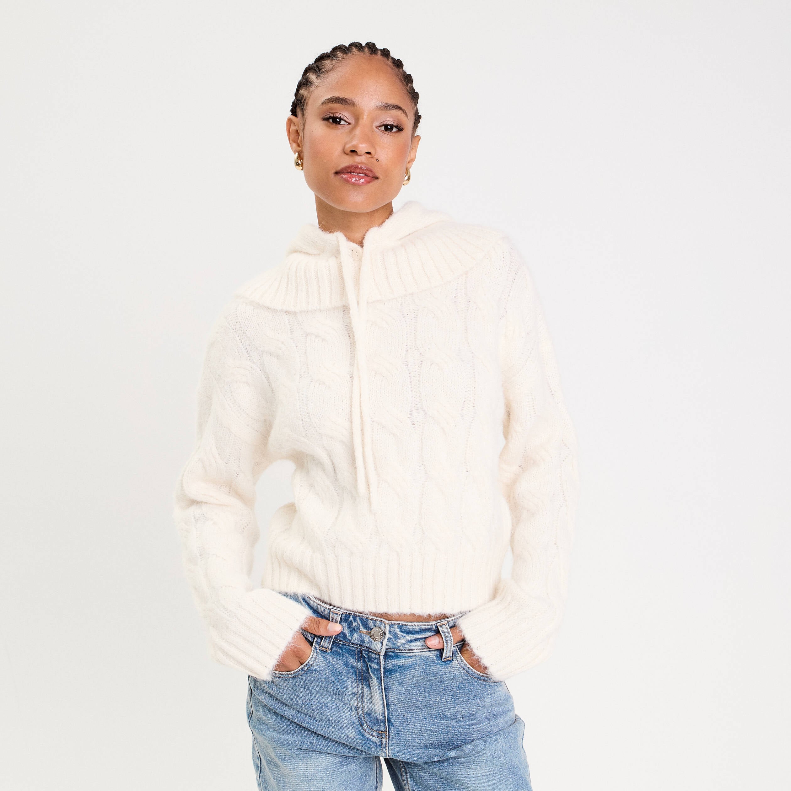 Pull 2-en-1 &agrave; capuche amovible ecru femme