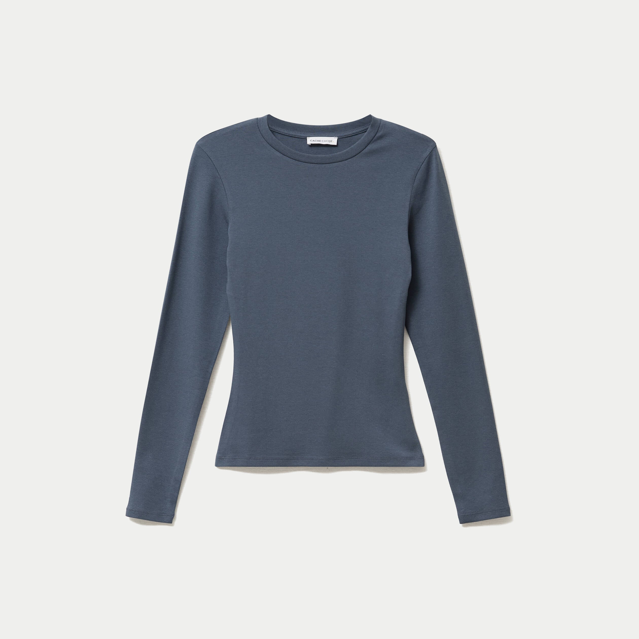 T-shirt cintr&eacute; col rond manches longues gris femme