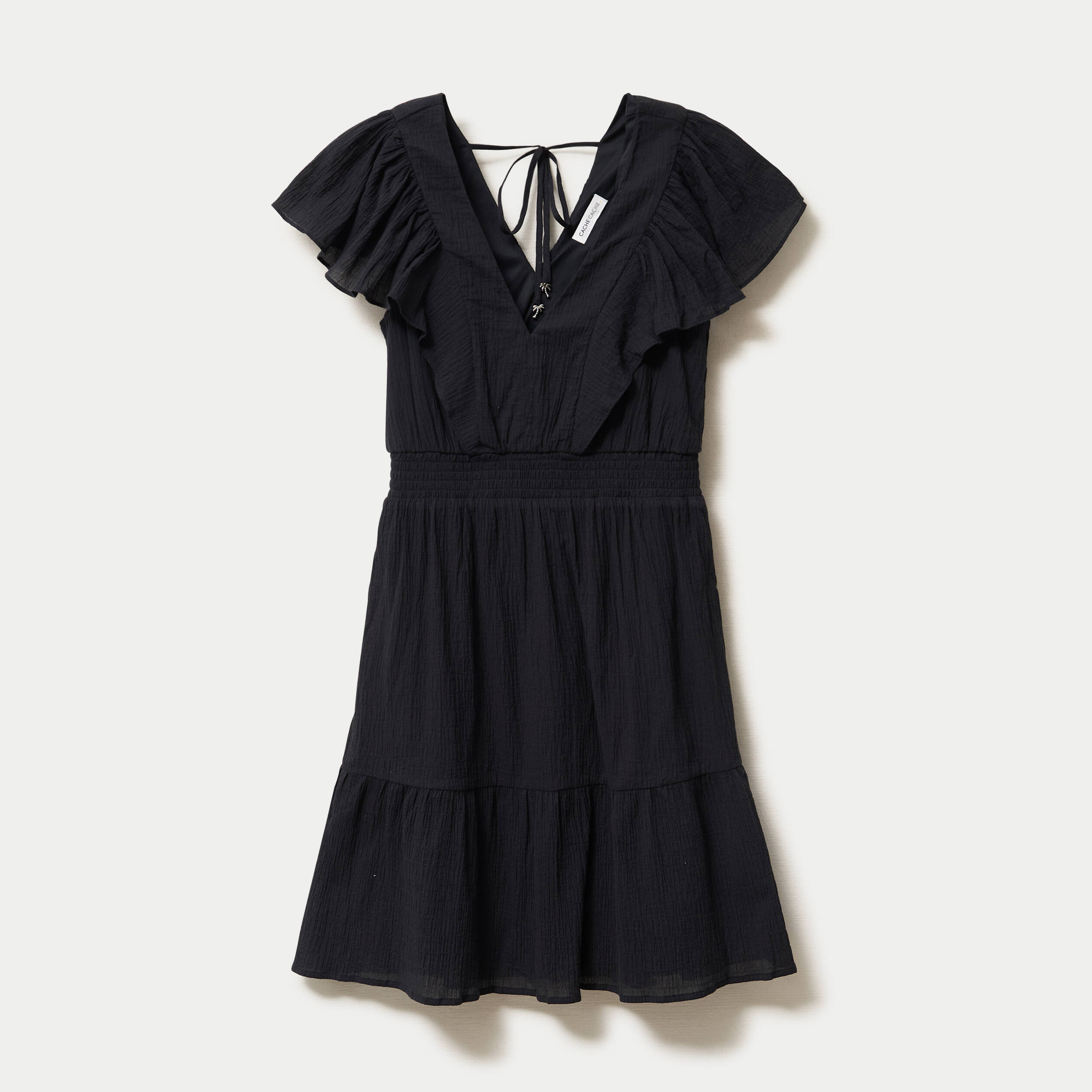 Robe courte &eacute;vas&eacute;e col v manches courtes noir femme