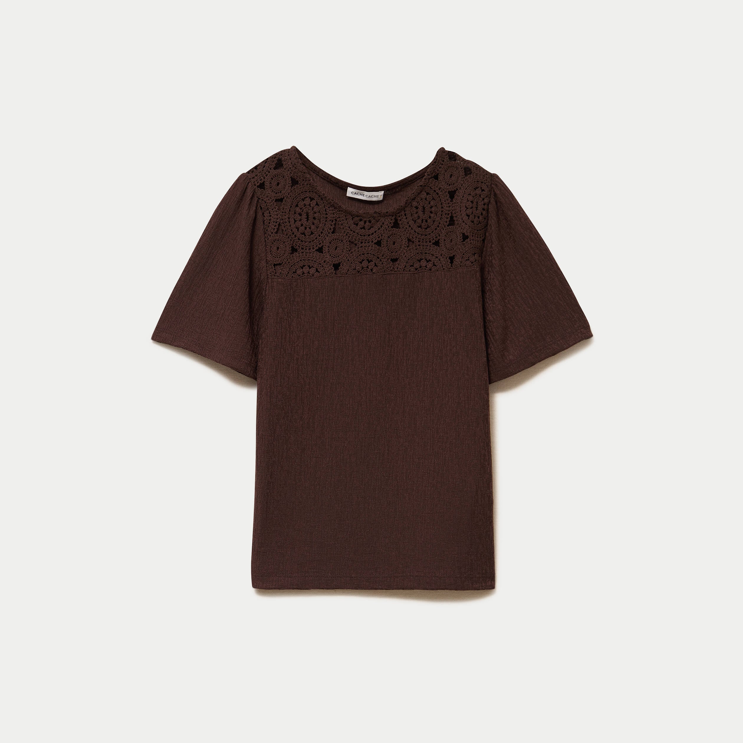 T-shirt manches courtes aspect dentelle marron fonc&eacute; femme