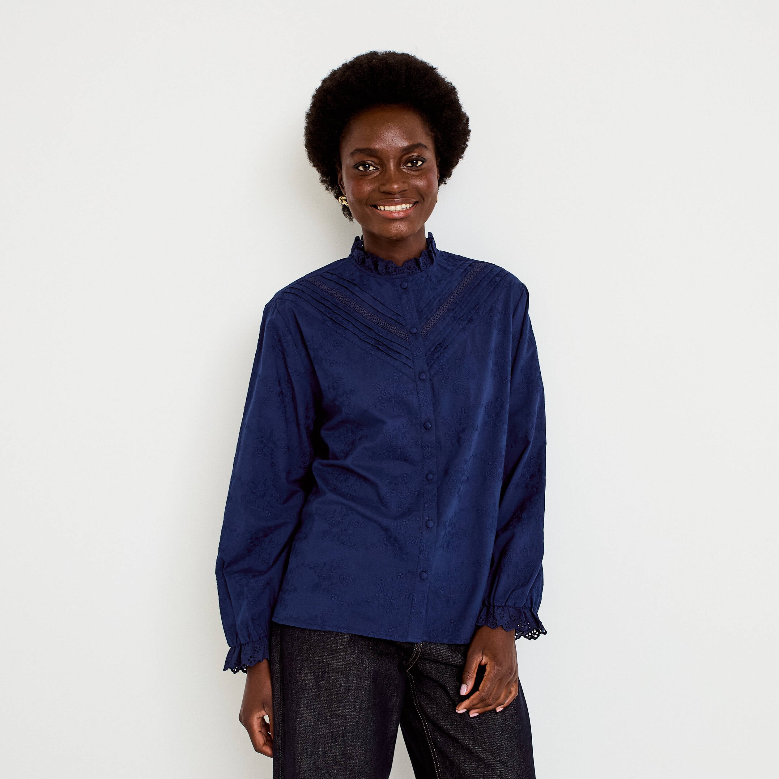 Blouse ample col montant manches longues bleu marine femme