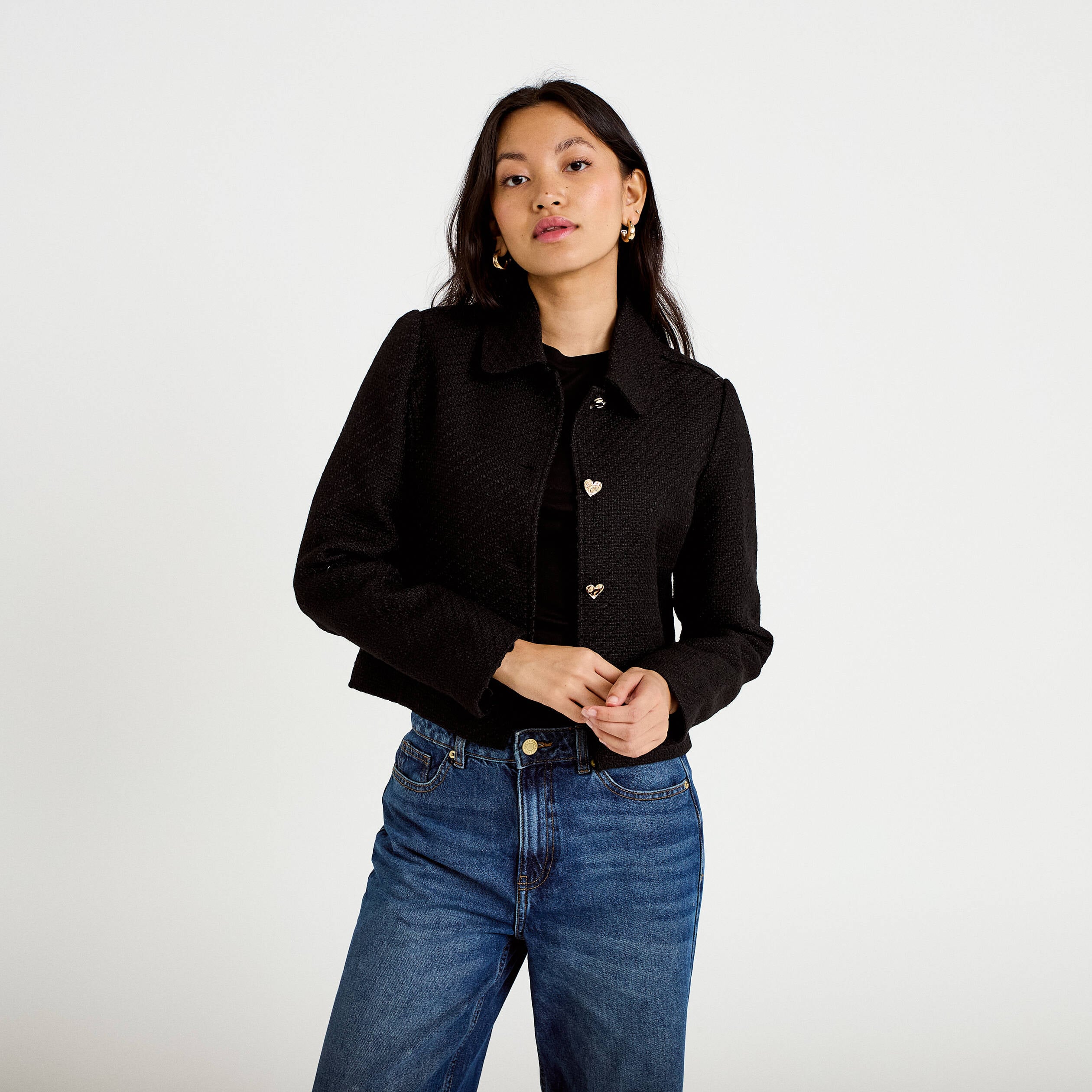 Veste droite en tweed col classique noir femme