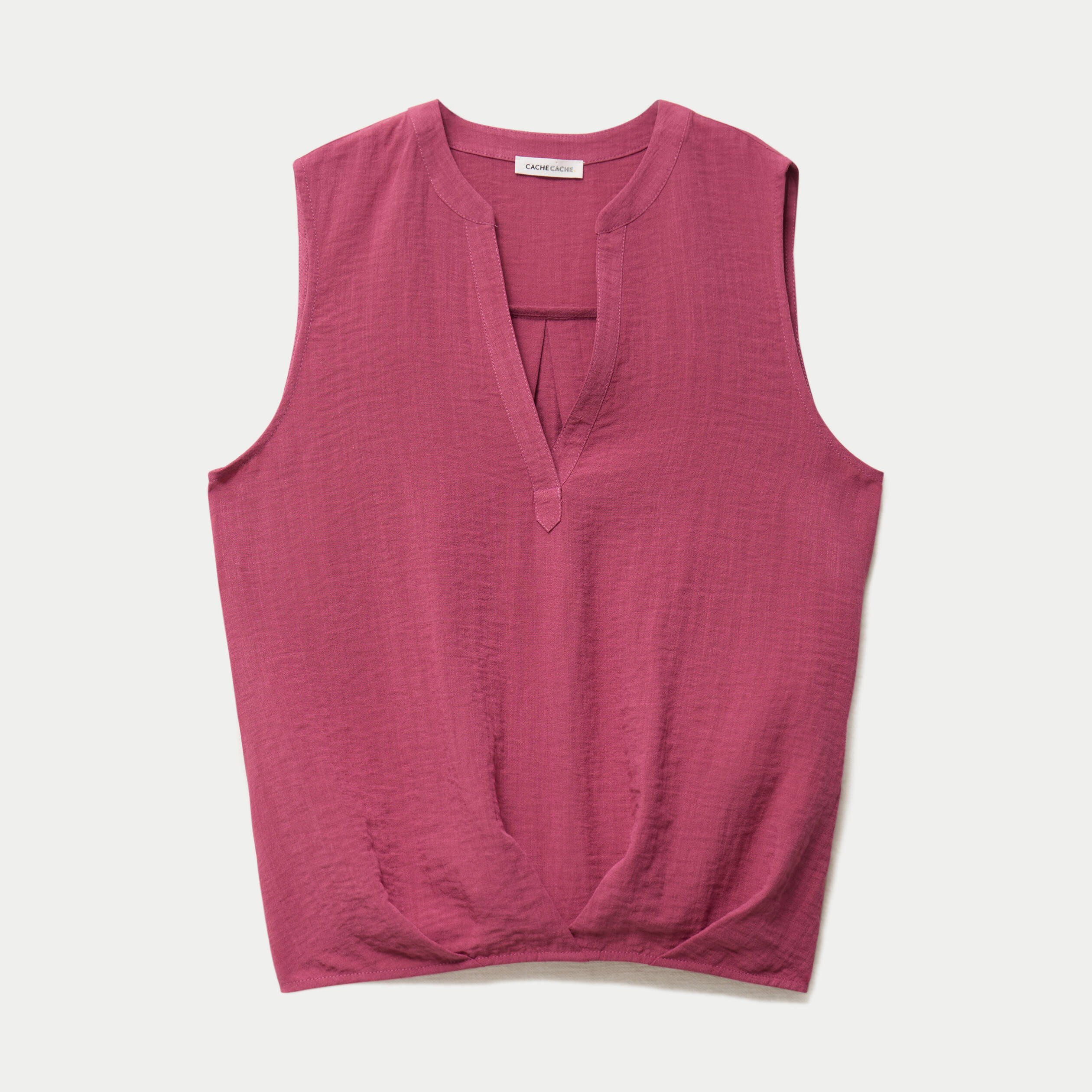 Blouse sans manches col tunisien pliss&eacute; prune femme