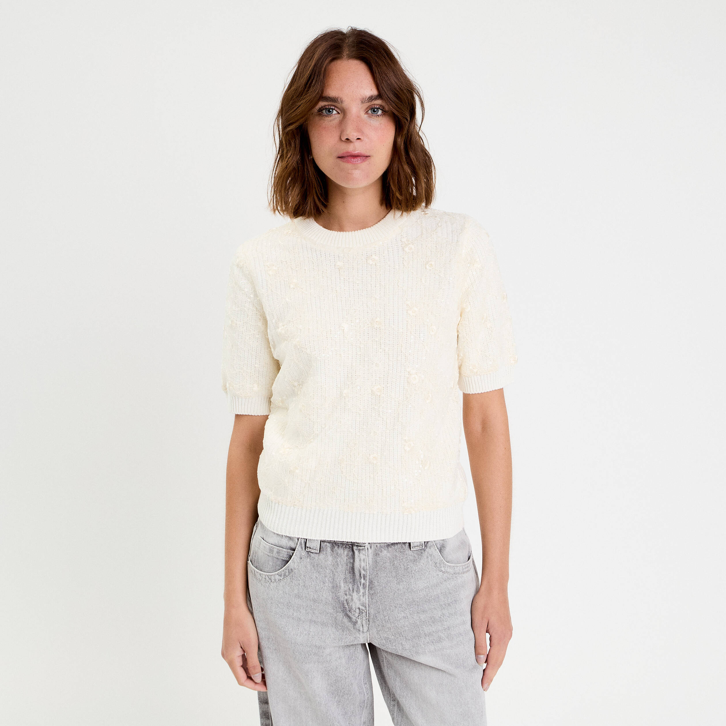 Pull dentelle manches courtes ecru femme