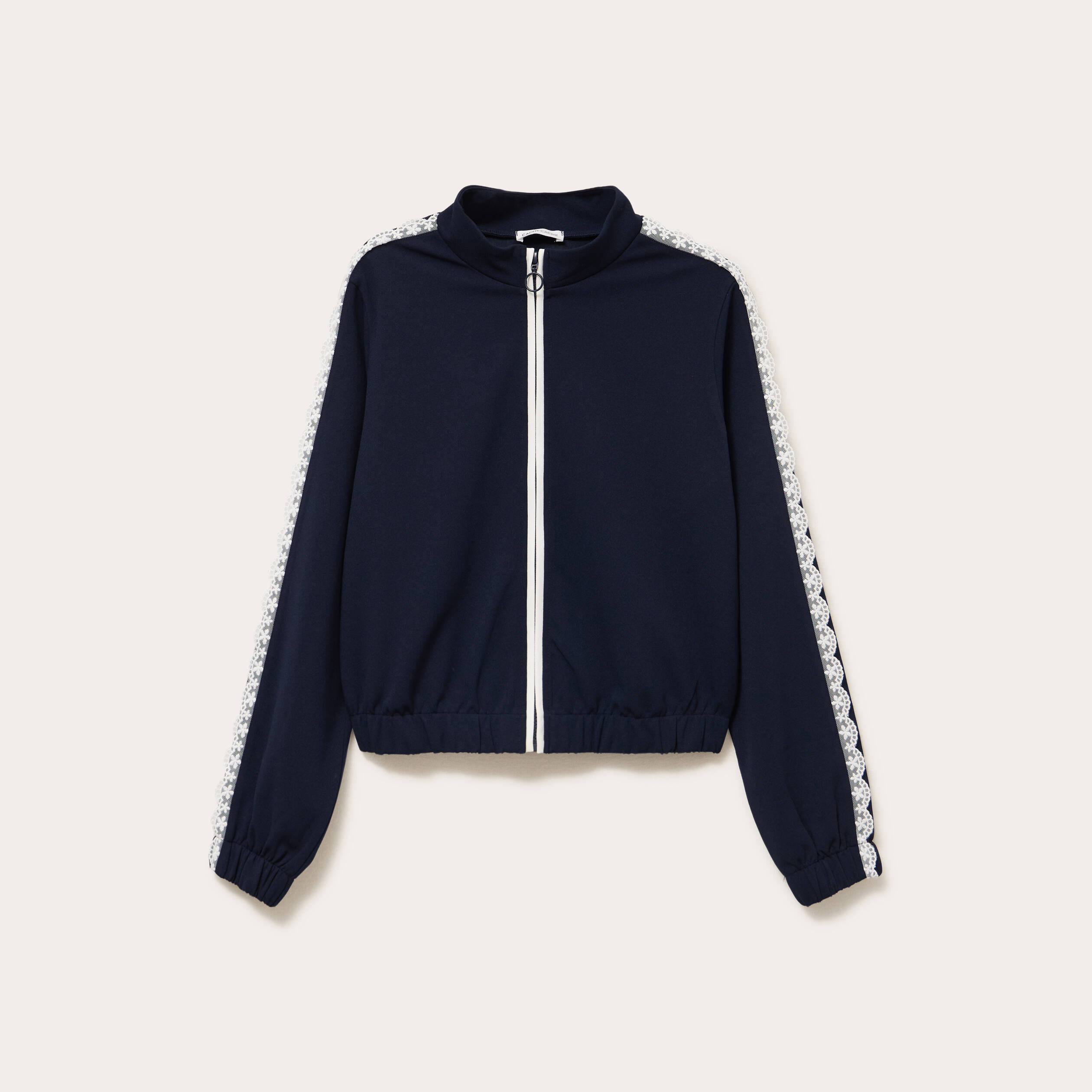 Veste zipp&eacute;e d&eacute;tail dentelle bleu marine femme