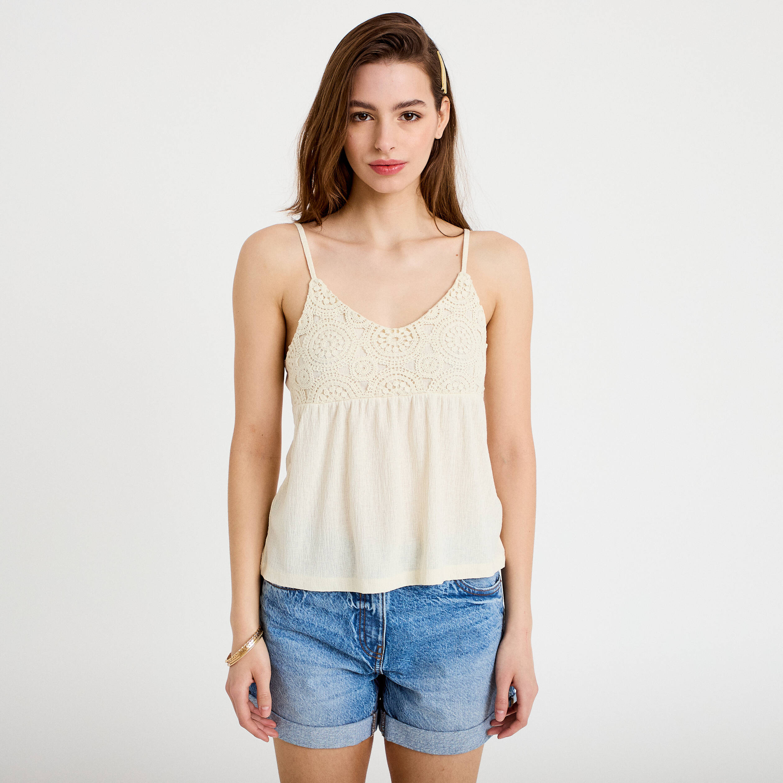 D&eacute;bardeur bi-mati&egrave;re macram&eacute; ecru femme