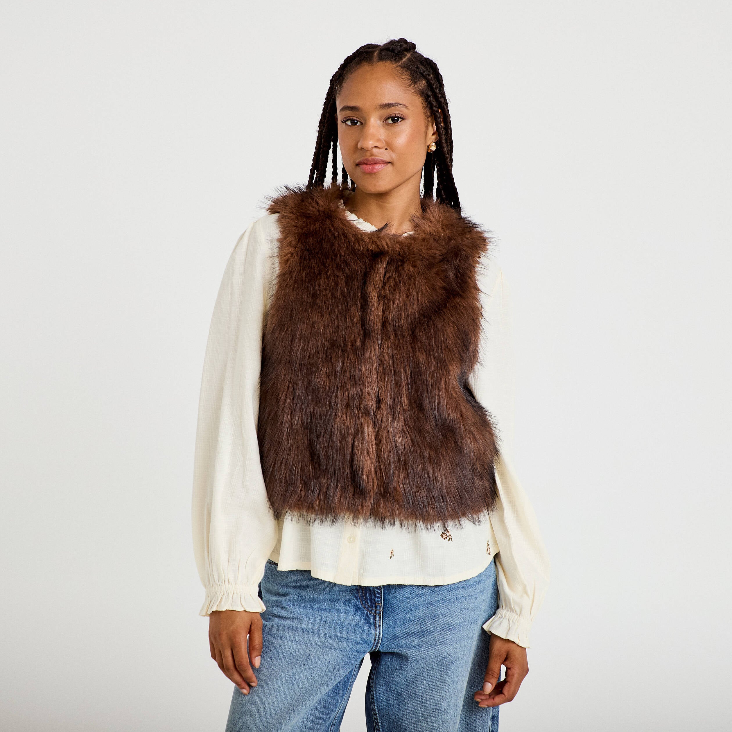 Gilet sans manches fausse fourrure marron femme