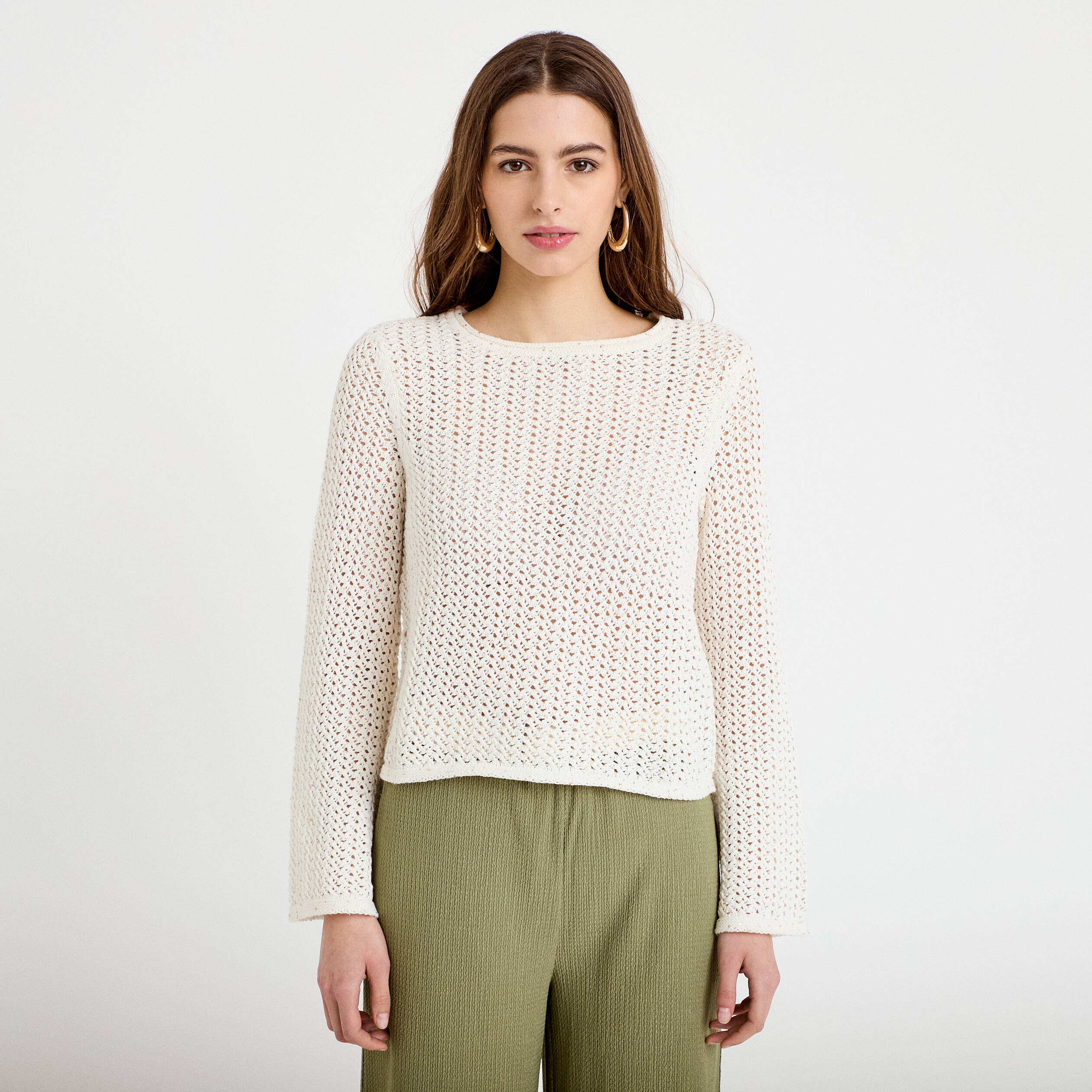 Pull ajour&eacute; manches longues dentelle ecru femme