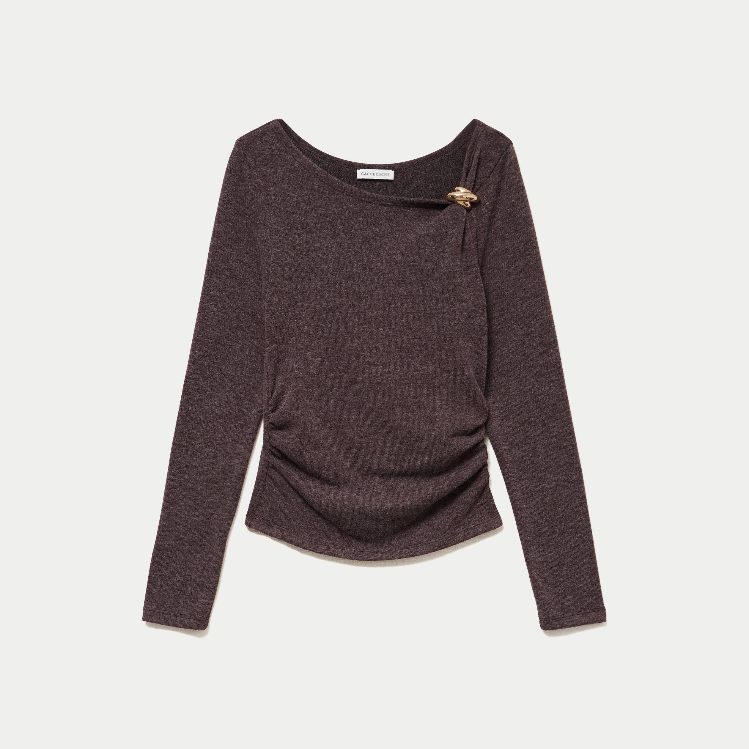 Top cintr&eacute; col bateau manches longues marron fonc&eacute; femme