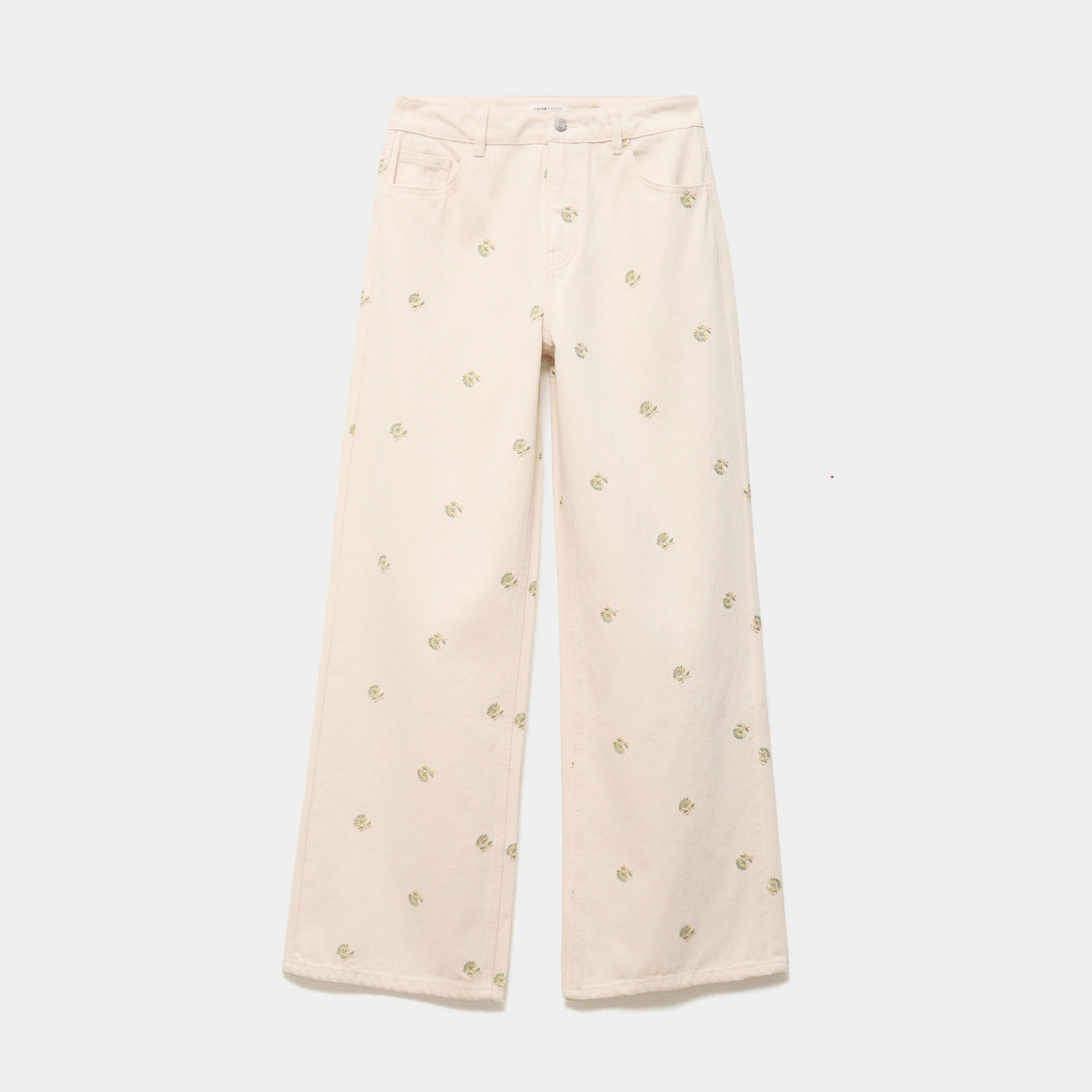 Jean wide leg taille haute brod&eacute; denim blanc femme