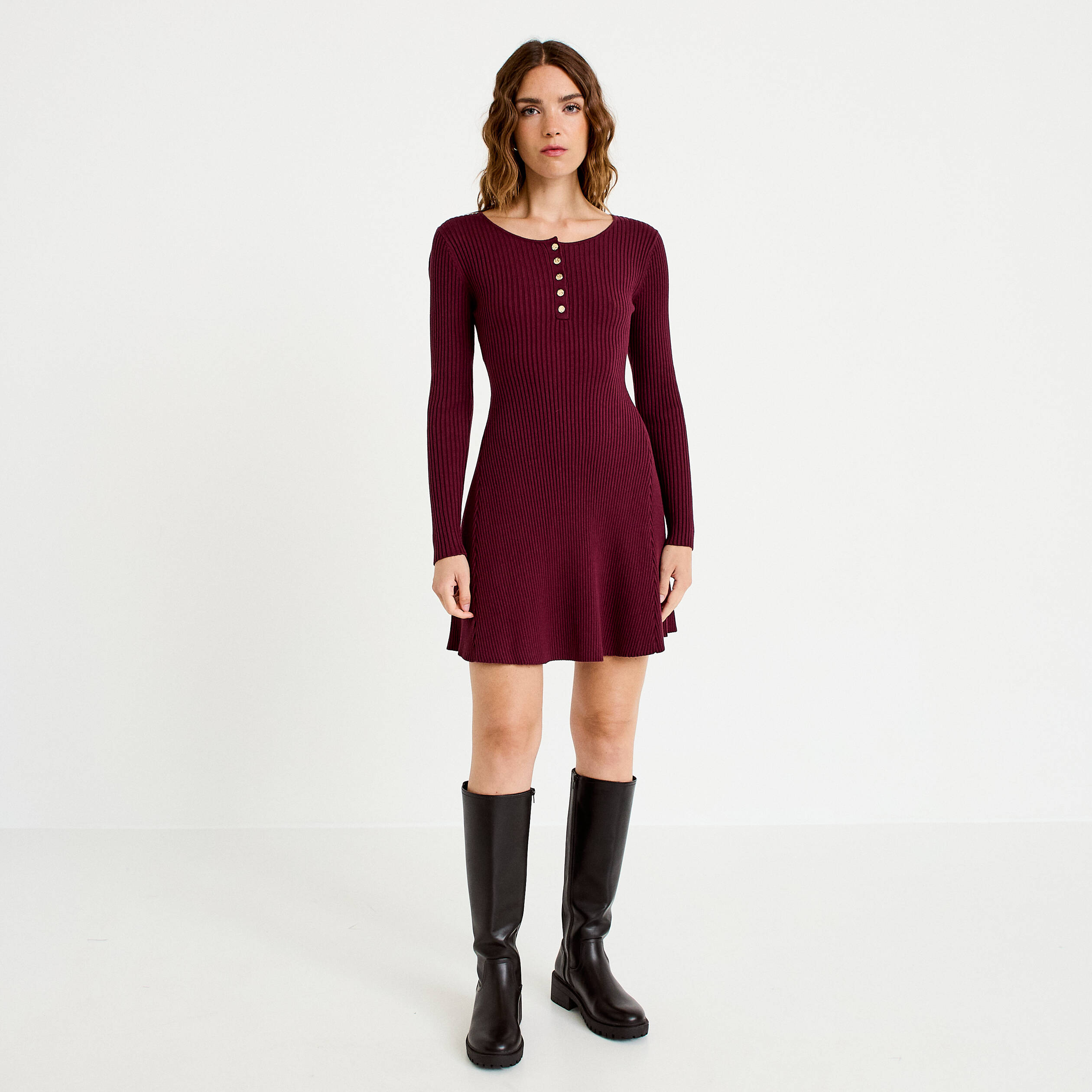 Robe pull patineuse manches longues bordeaux femme