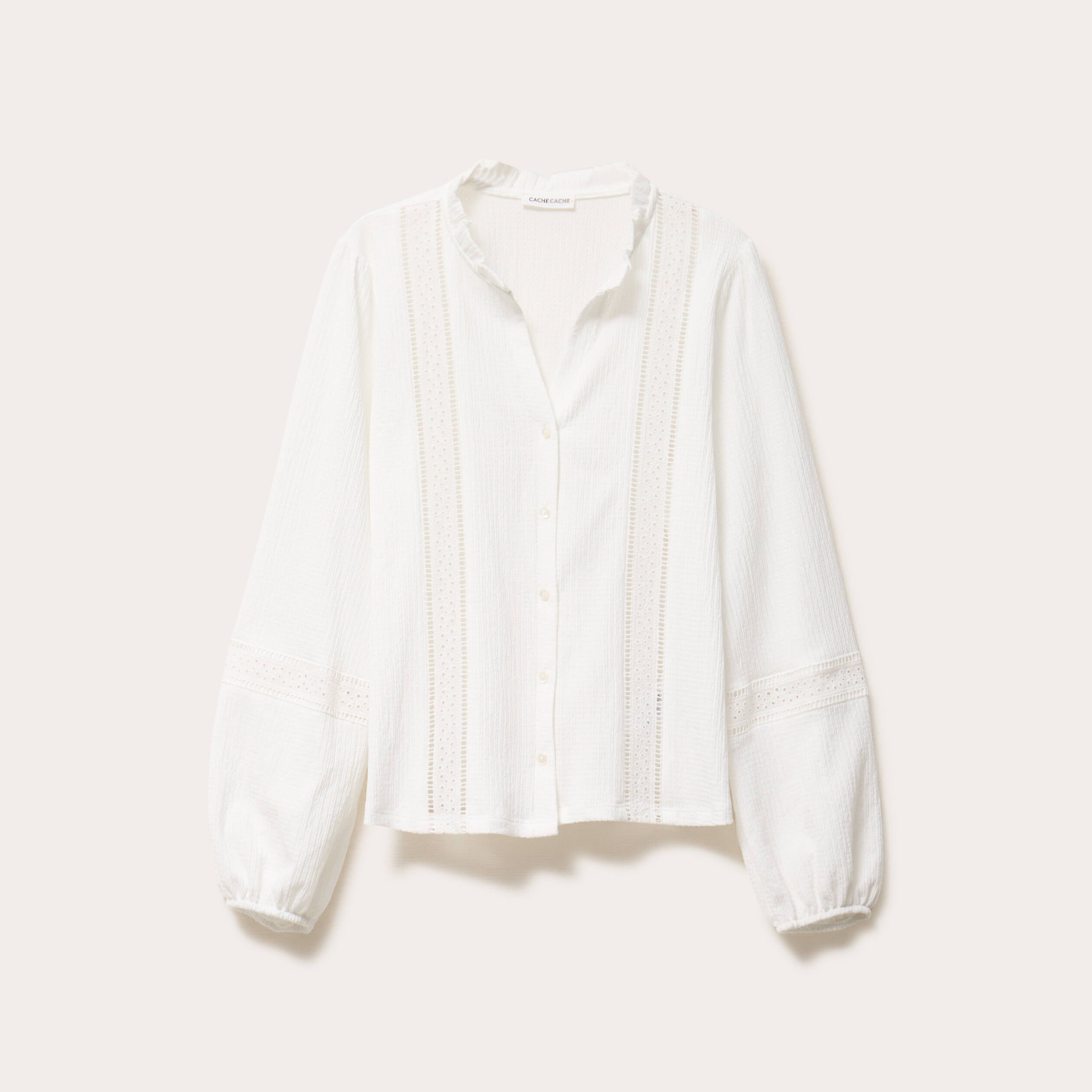Blouse broderie col V manches longues ecru femme