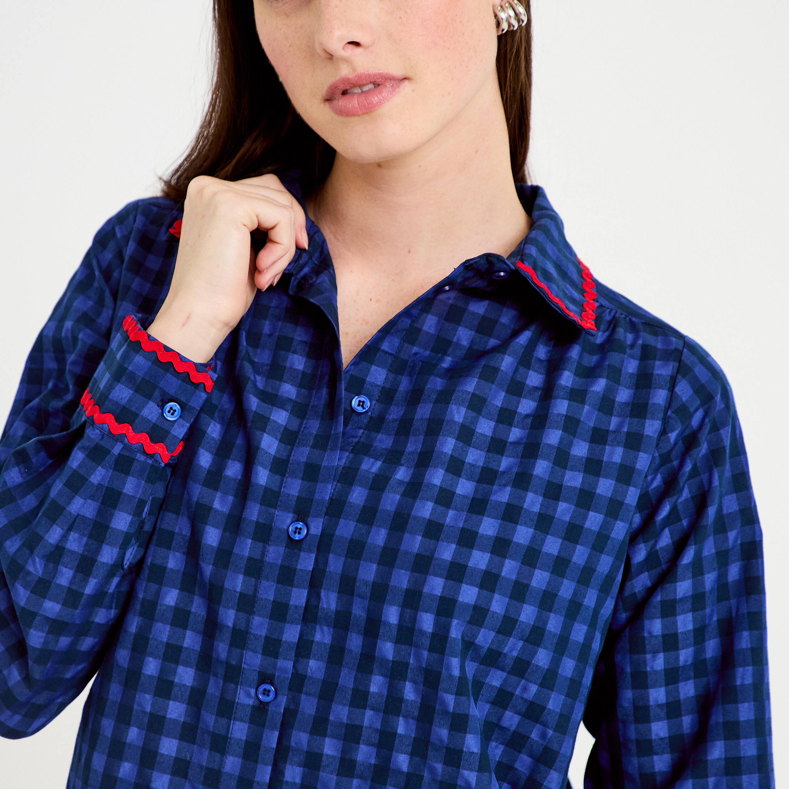 Chemise droite vichy col claudine bleu electrique femme