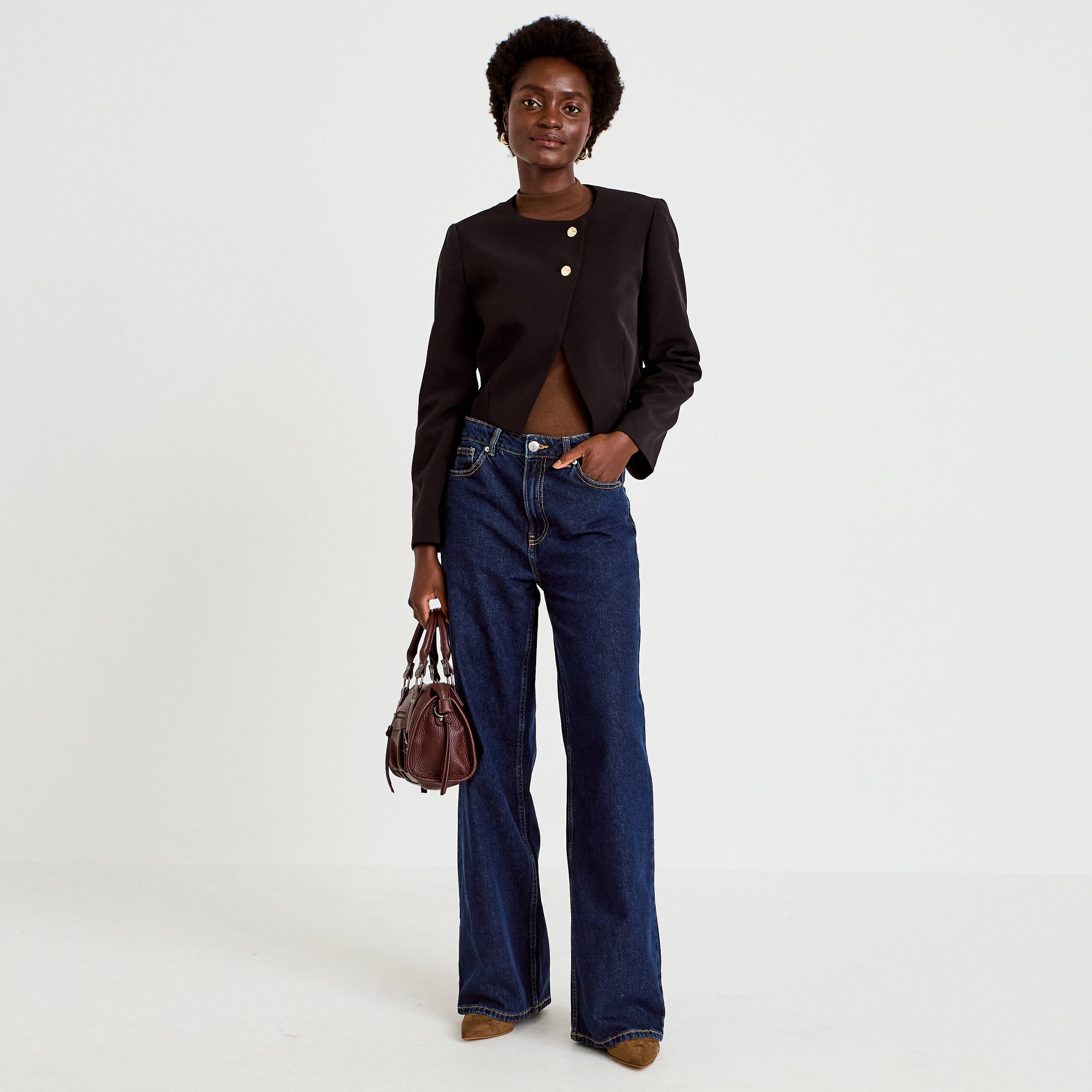 Blazer droit cropped col rond noir femme