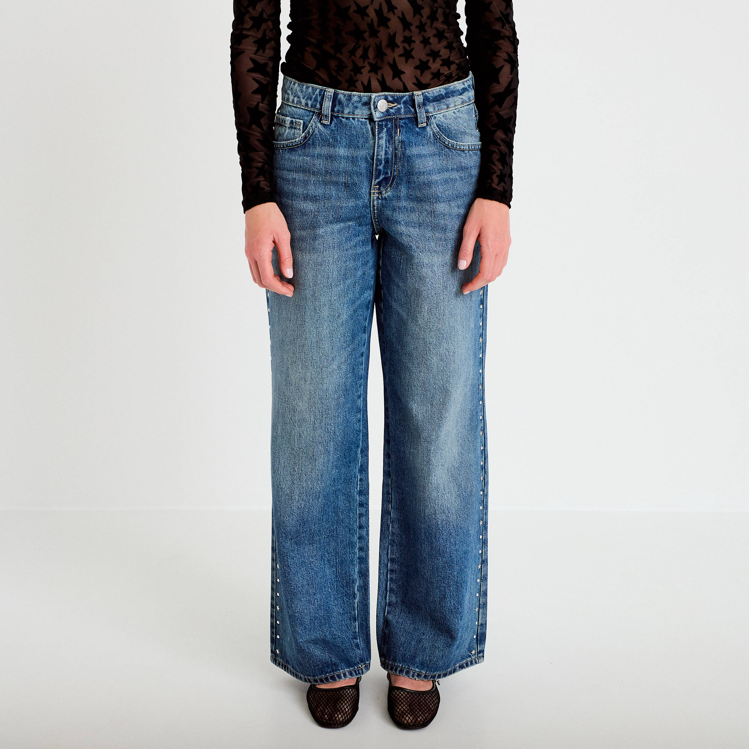 Jean wide leg taille basse denim double stone femme