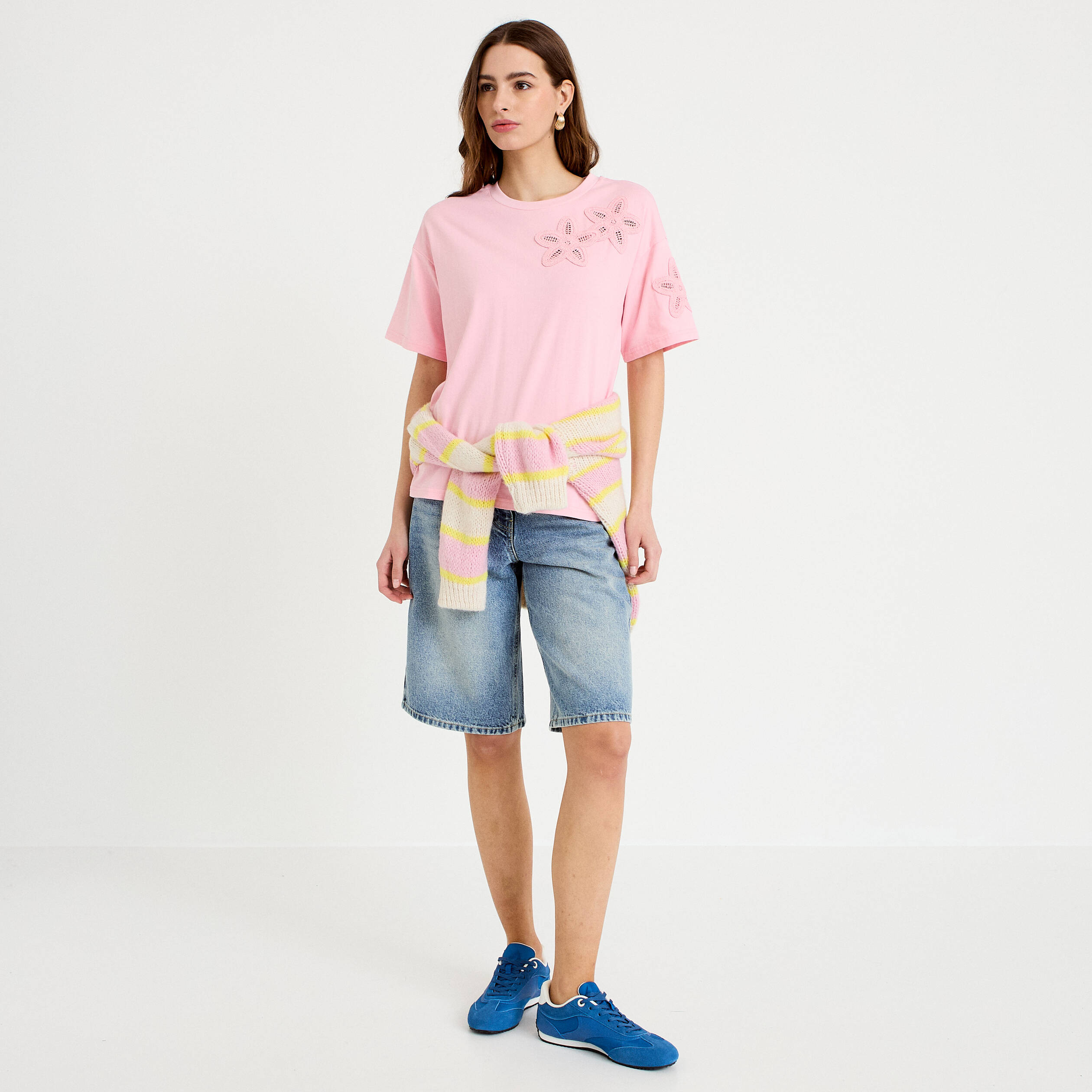T-shirt col rond manches courtes rose corail femme