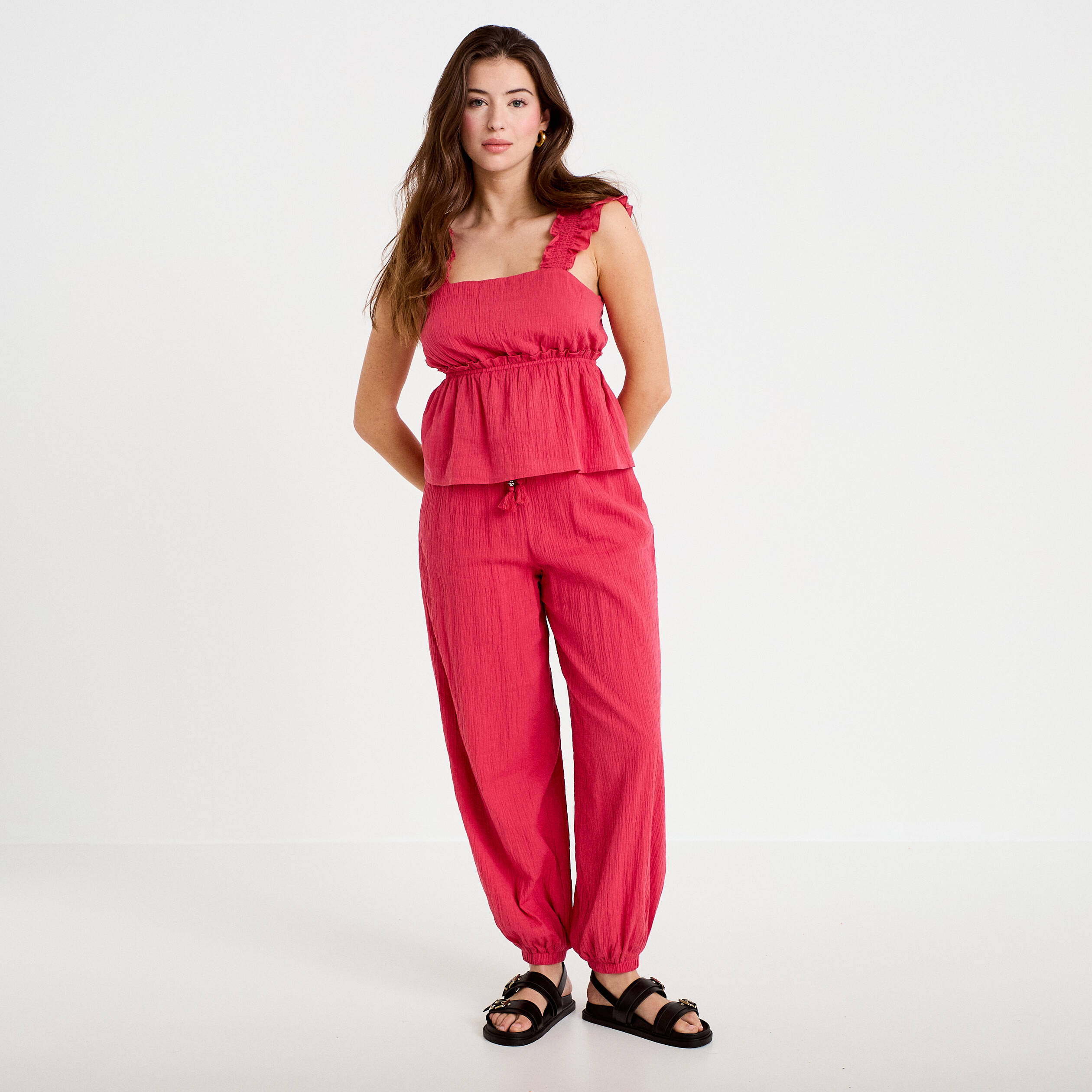 Pantalon large taille haute pliss&eacute; rose framboise femme