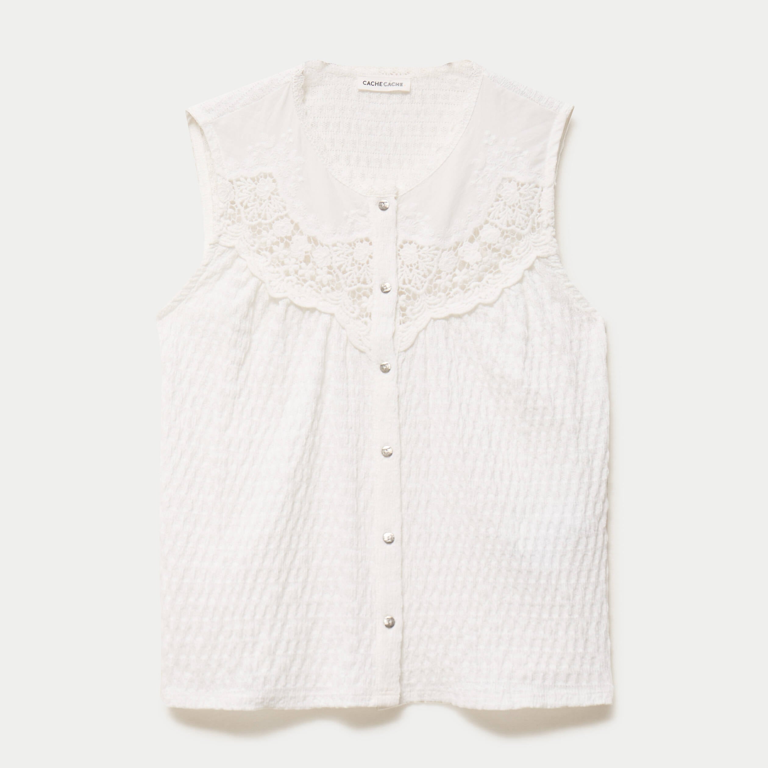 Blouse sans manches plastron brod&eacute; ecru femme