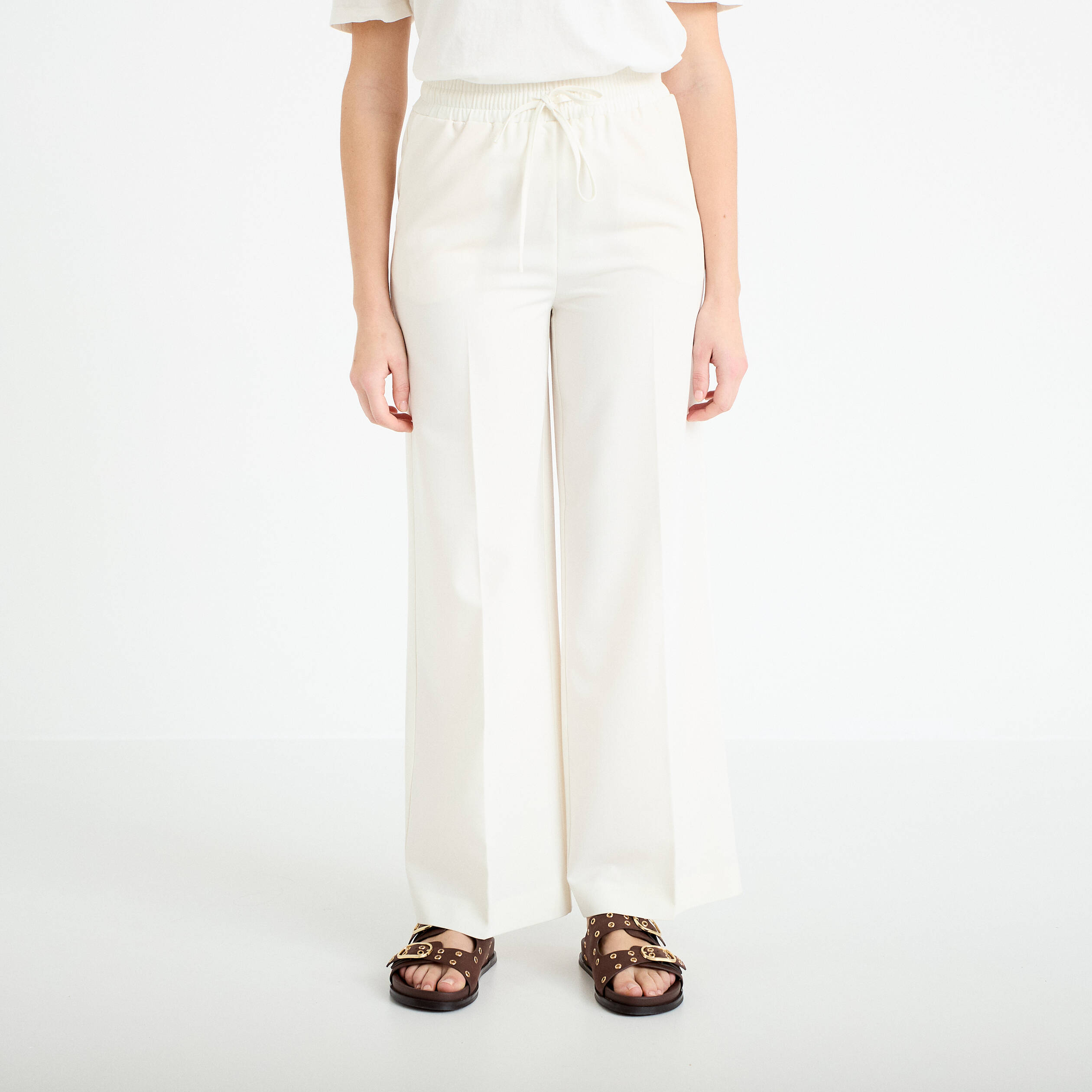 Pantalon large taille &eacute;lastiqu&eacute;e ecru femme