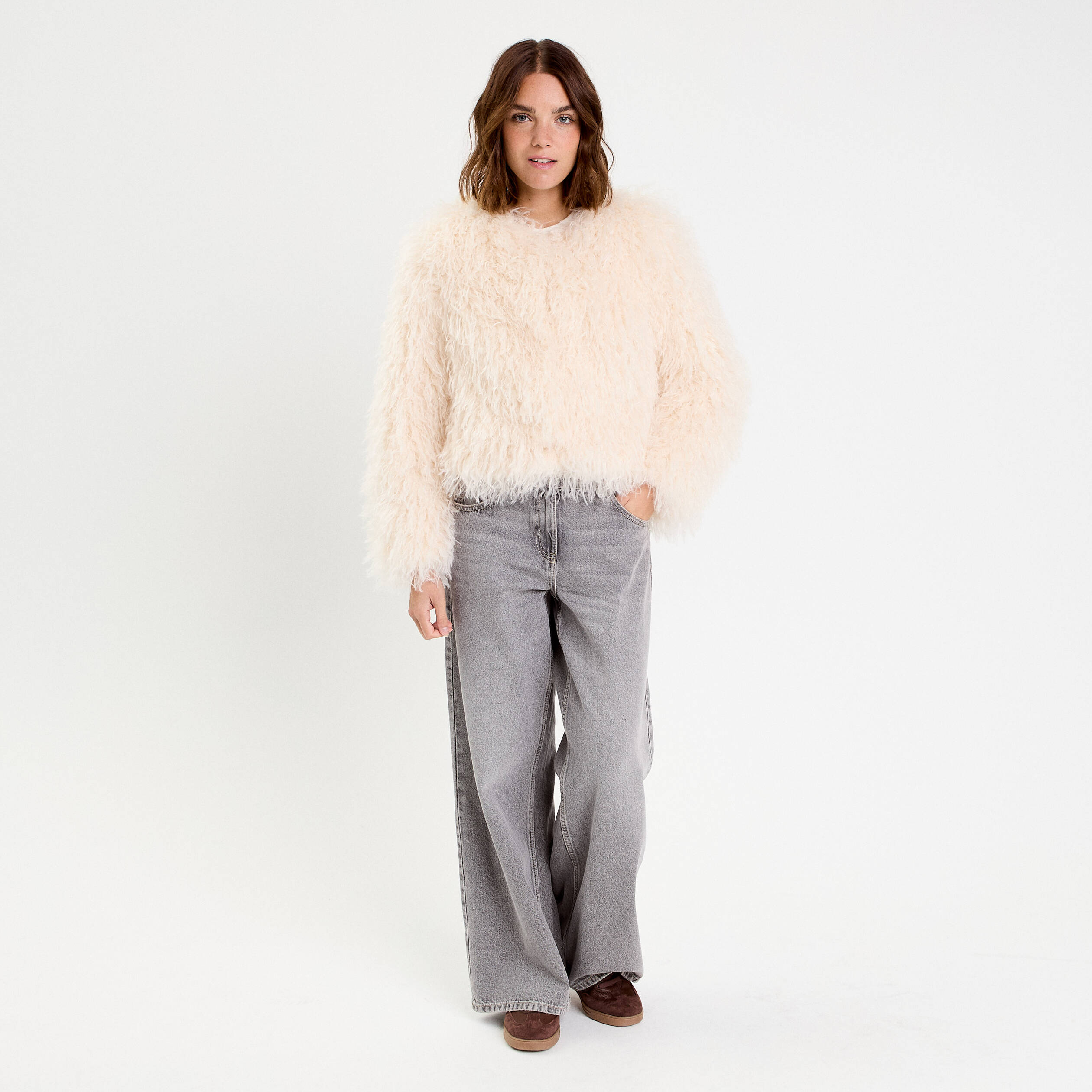Veste fausse fourrure ecru femme