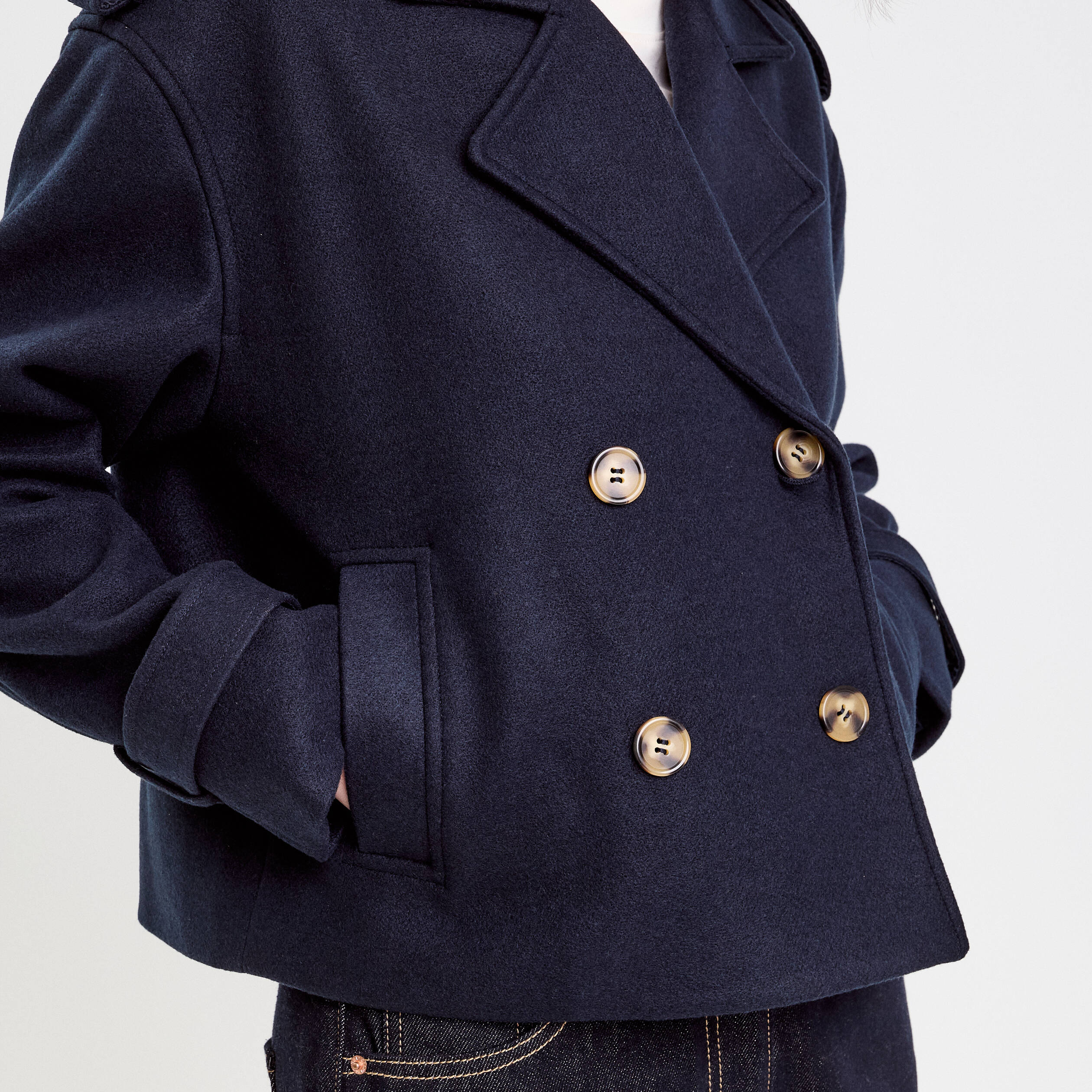 Trench droit court col tailleur bleu marine femme