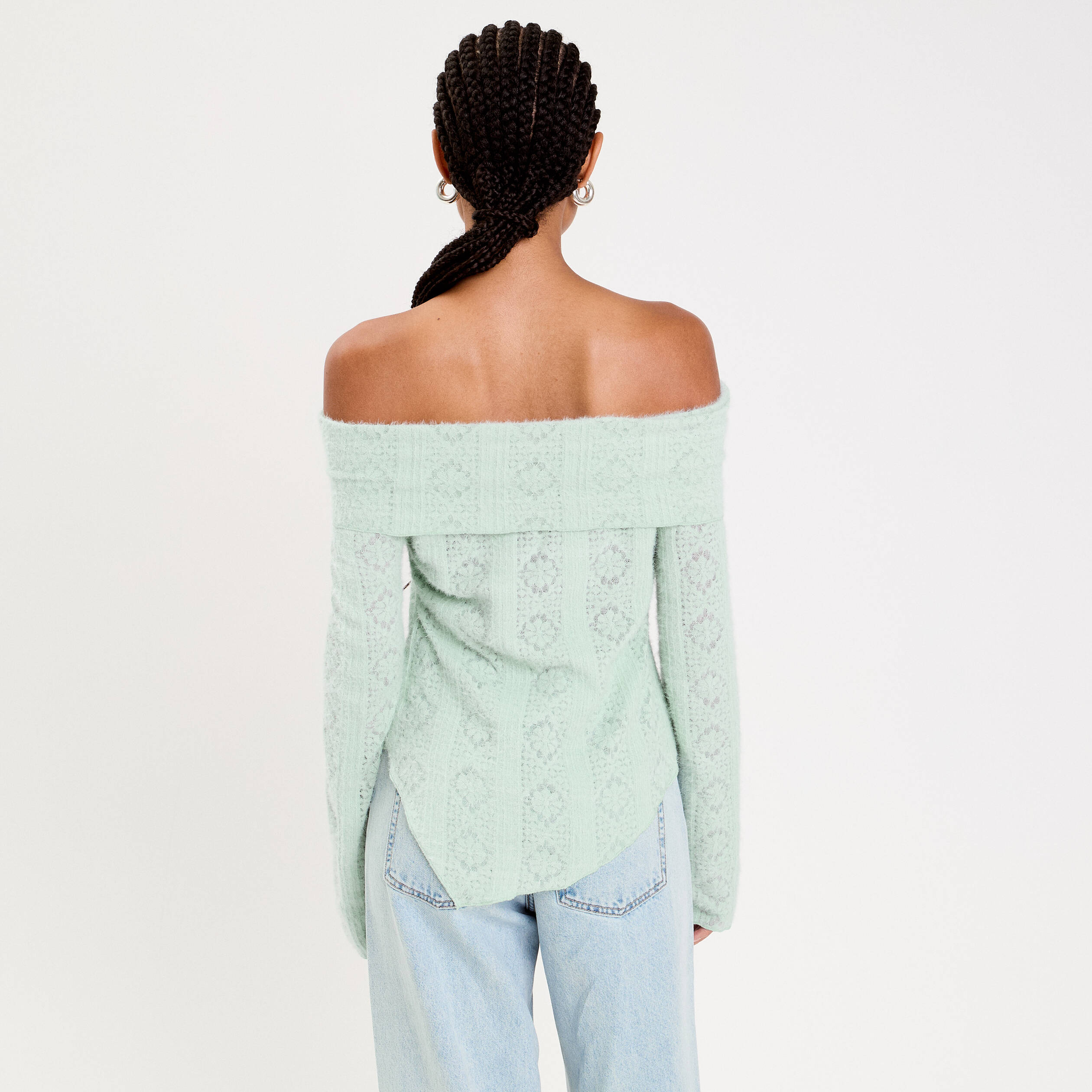 Pull cintr&eacute; ajour&eacute; manches longues vert clair femme