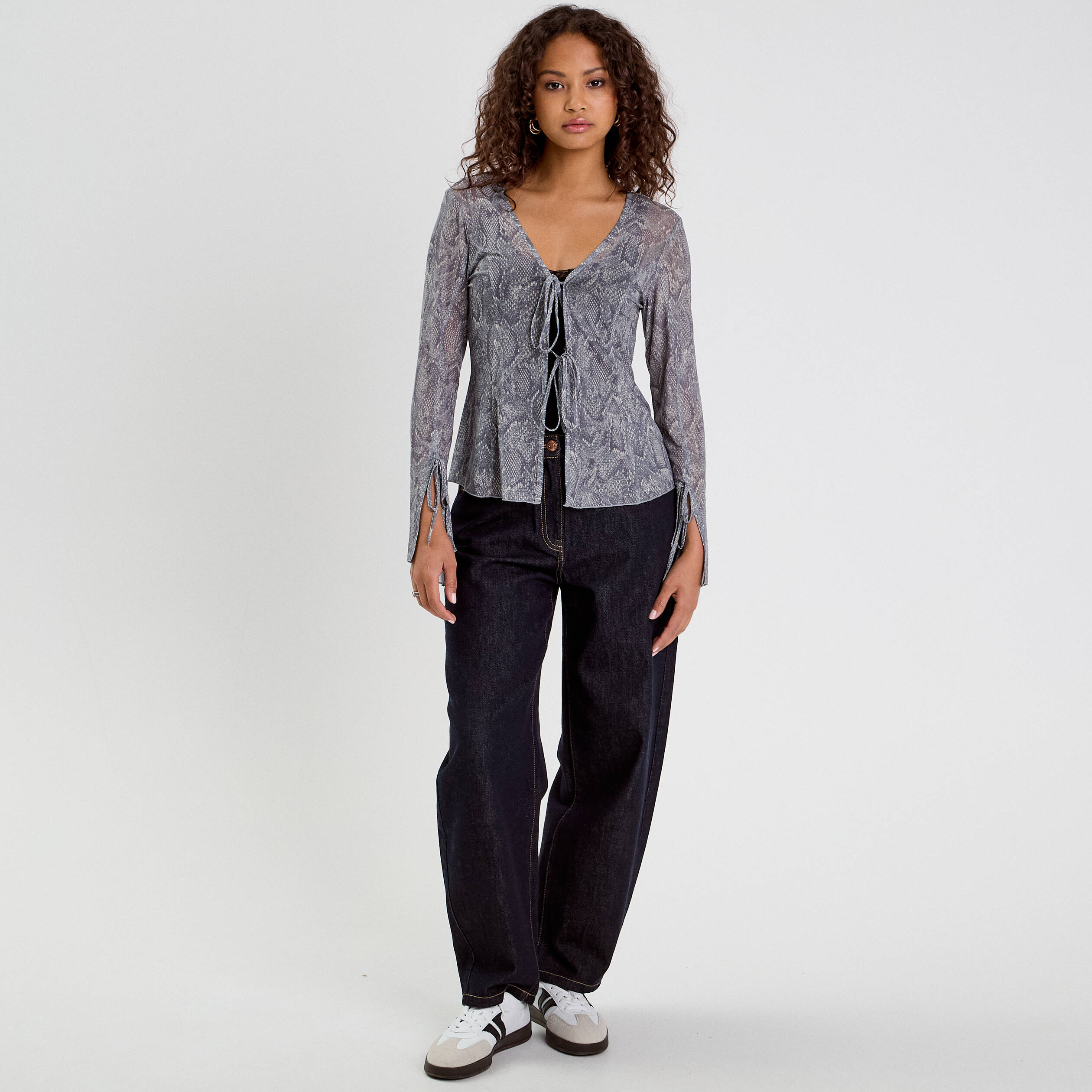 T-shirt manches longues noeuds bleu gris femme