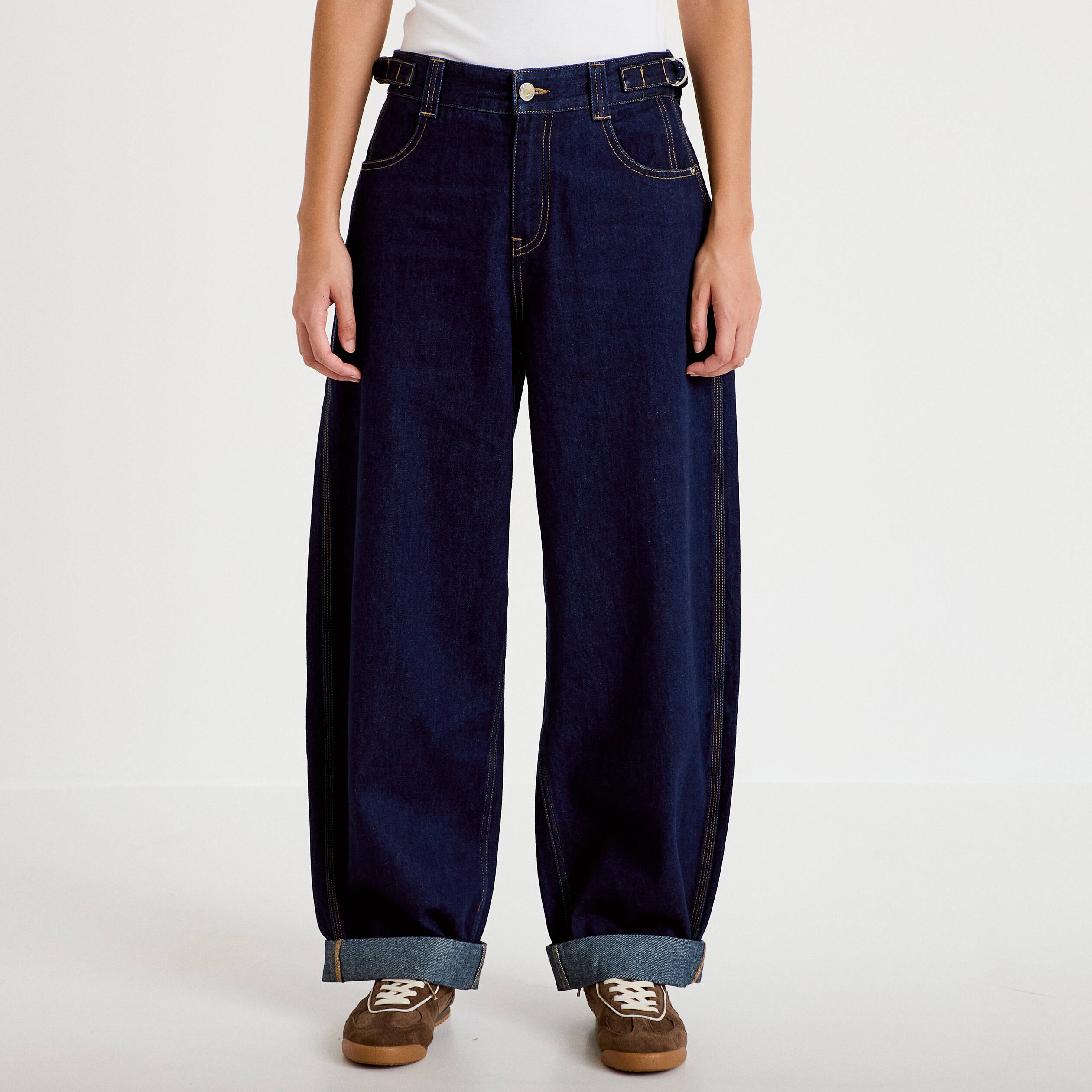 Jean barrel long en coton denim brut femme