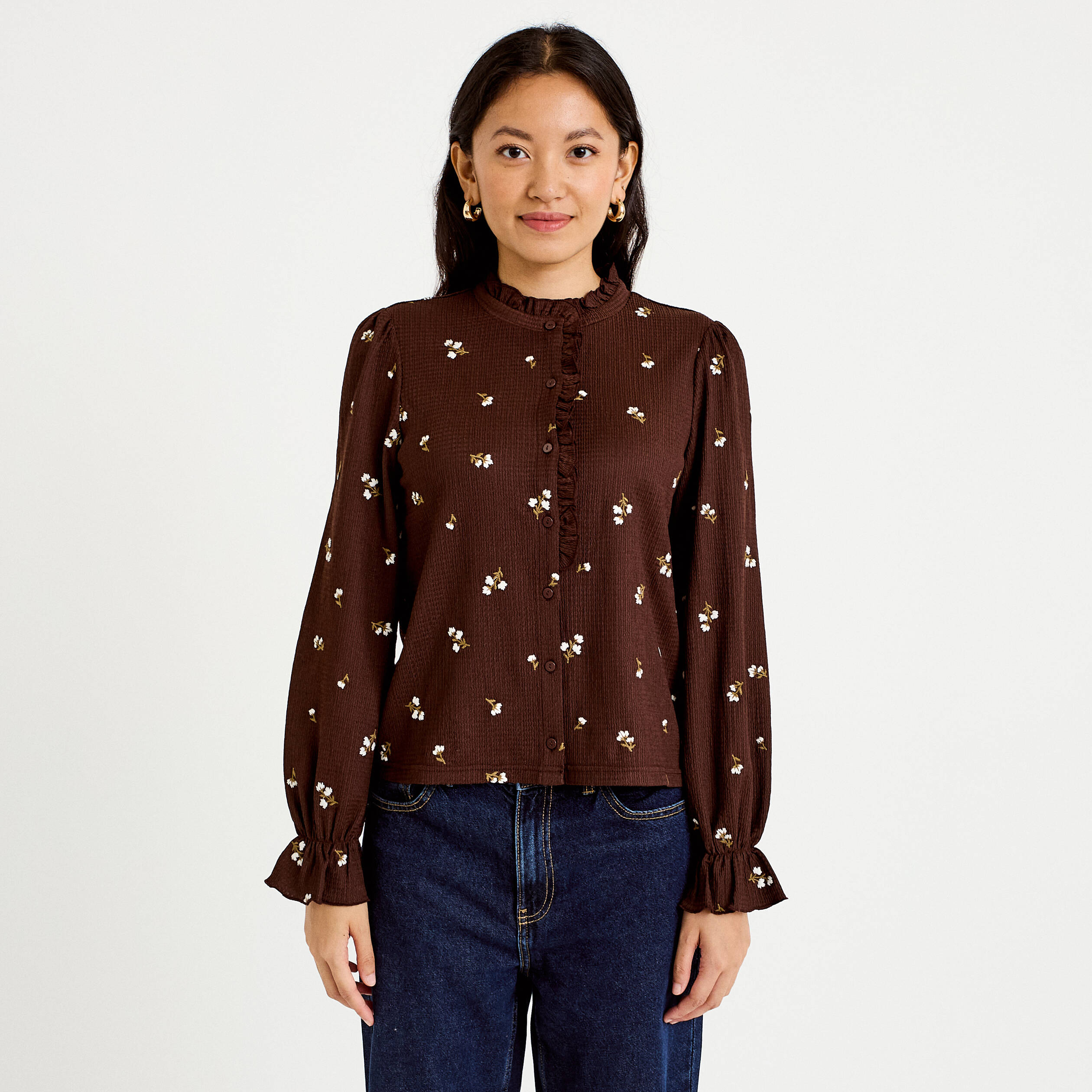 Chemise droite broderie manches longues marron fonc&eacute; femme