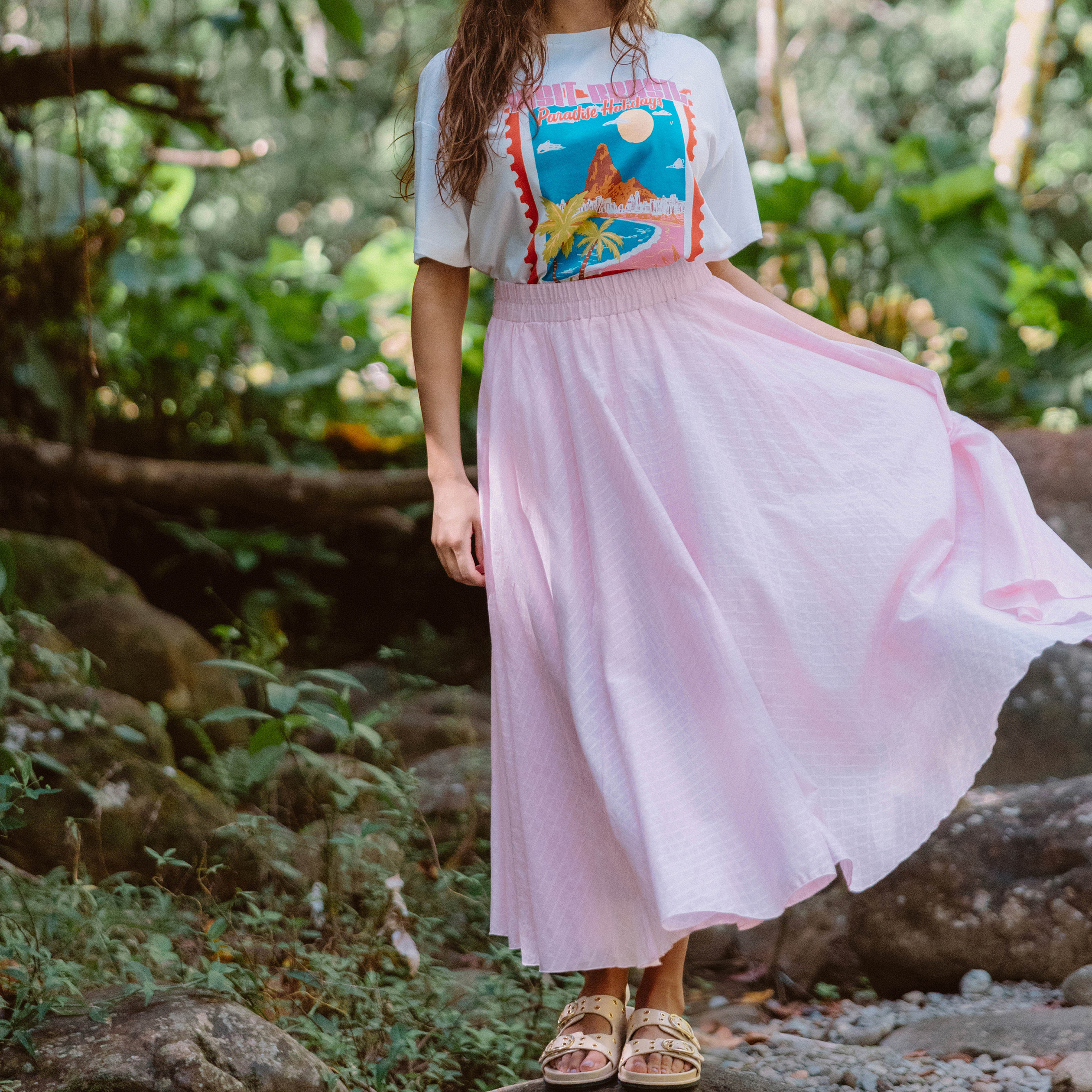 Jupe longue &eacute;vas&eacute;e rose clair femme