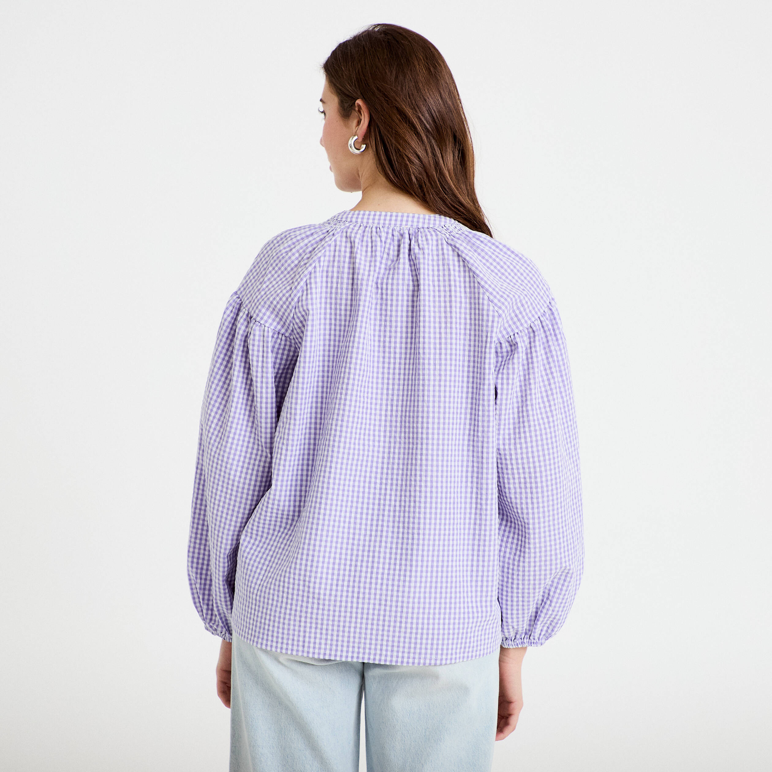 Blouse vichy brod&eacute;e violet femme