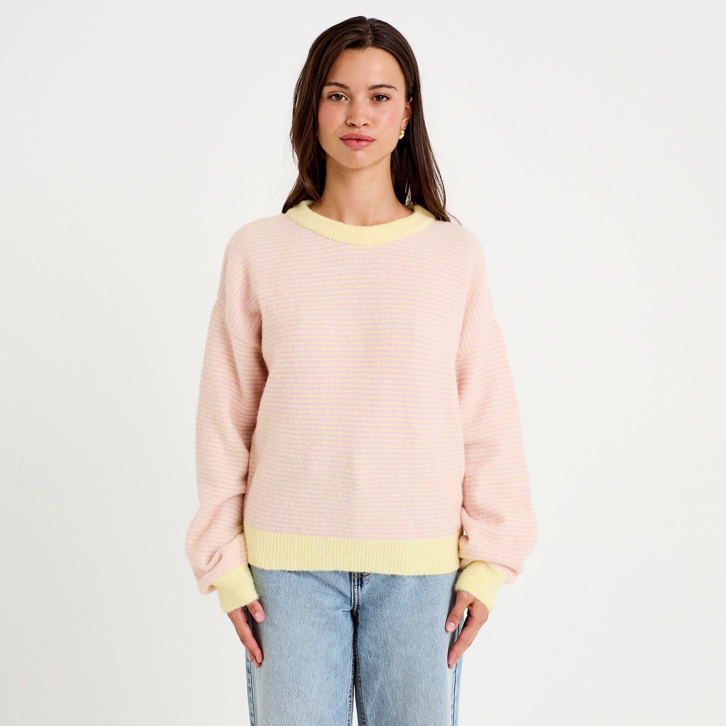 Pull ample col rond manches longues rose clair femme