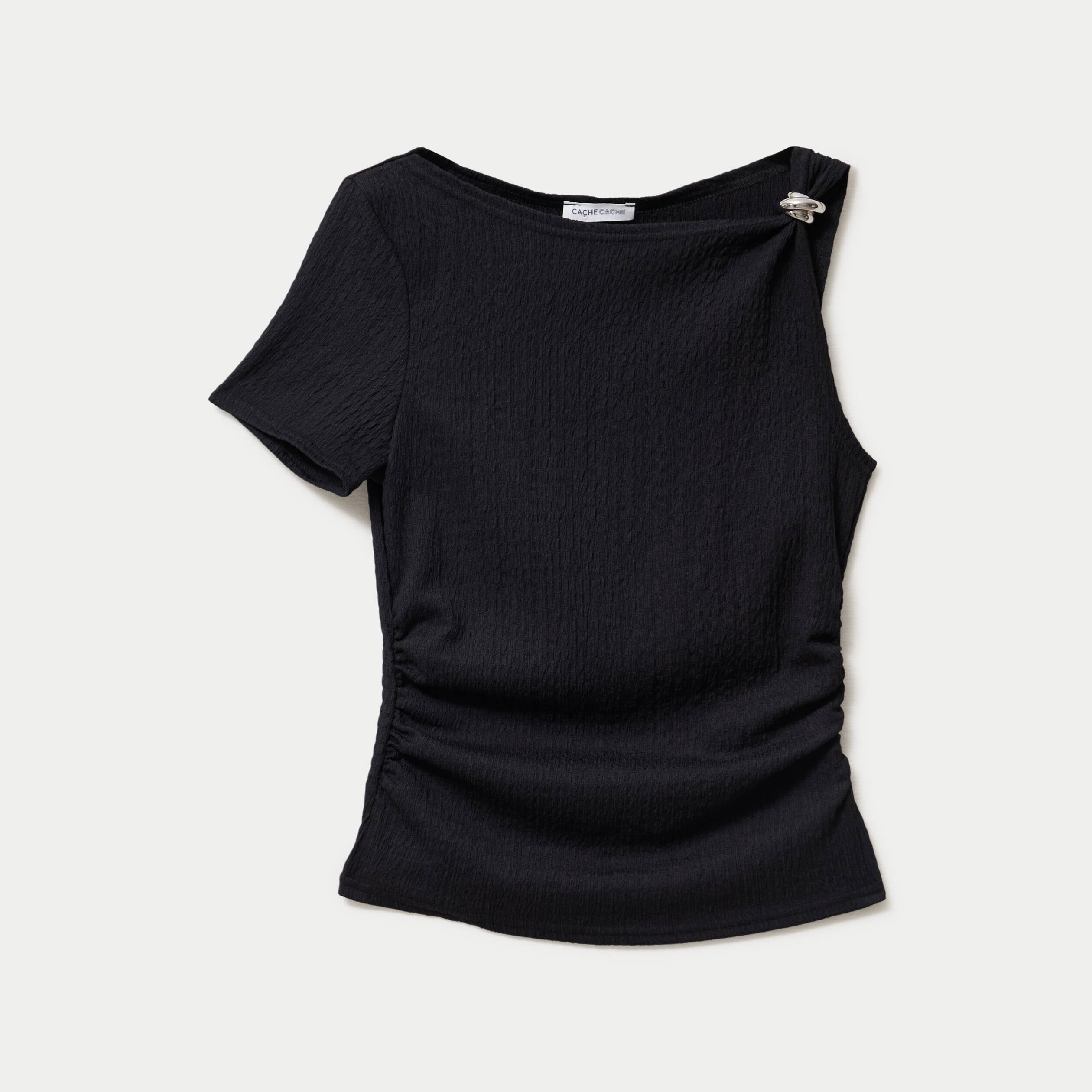 Top one shoulder pliss&eacute; manches courtes noir femme
