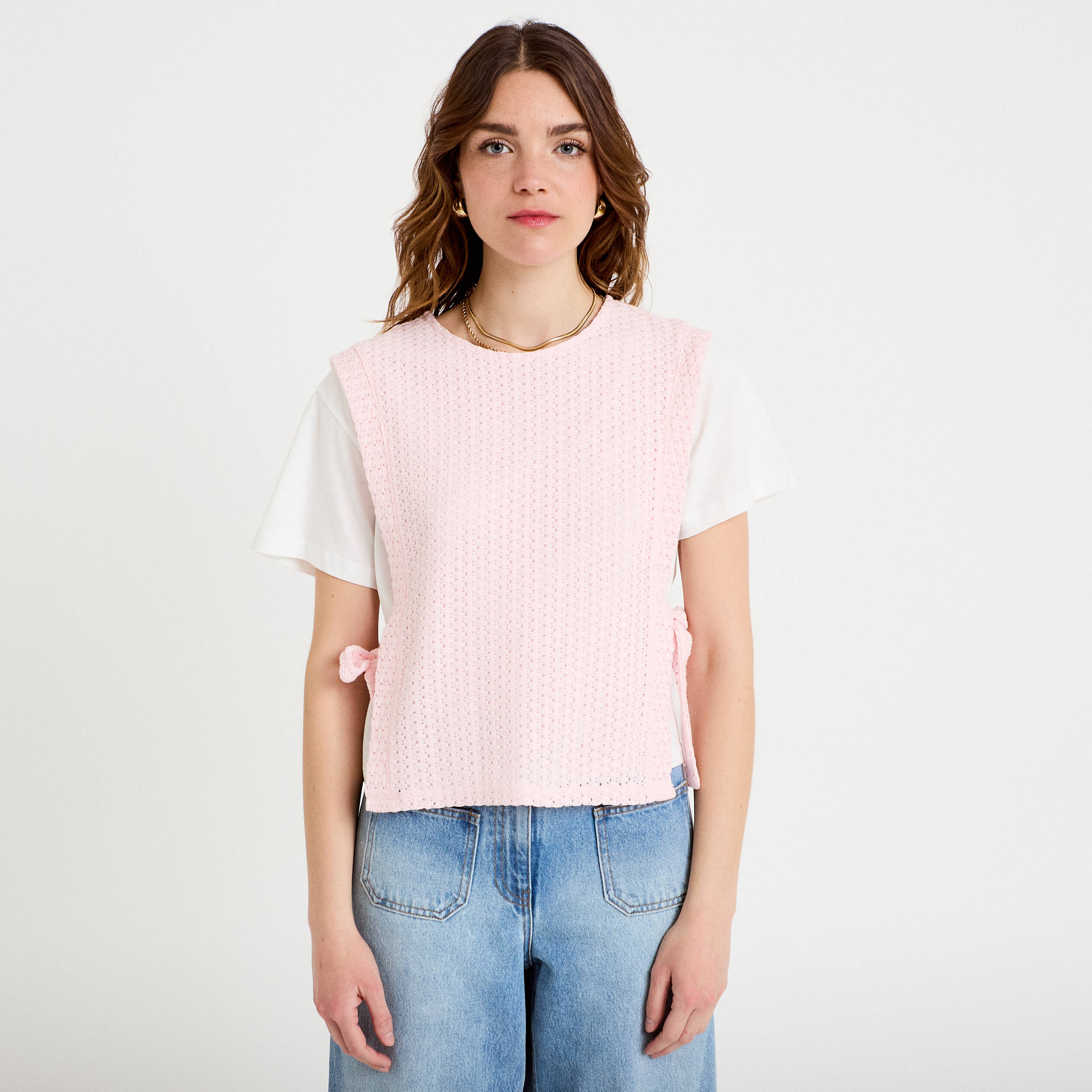T-shirt 2-en-1 col rond manches courtes rose clair femme