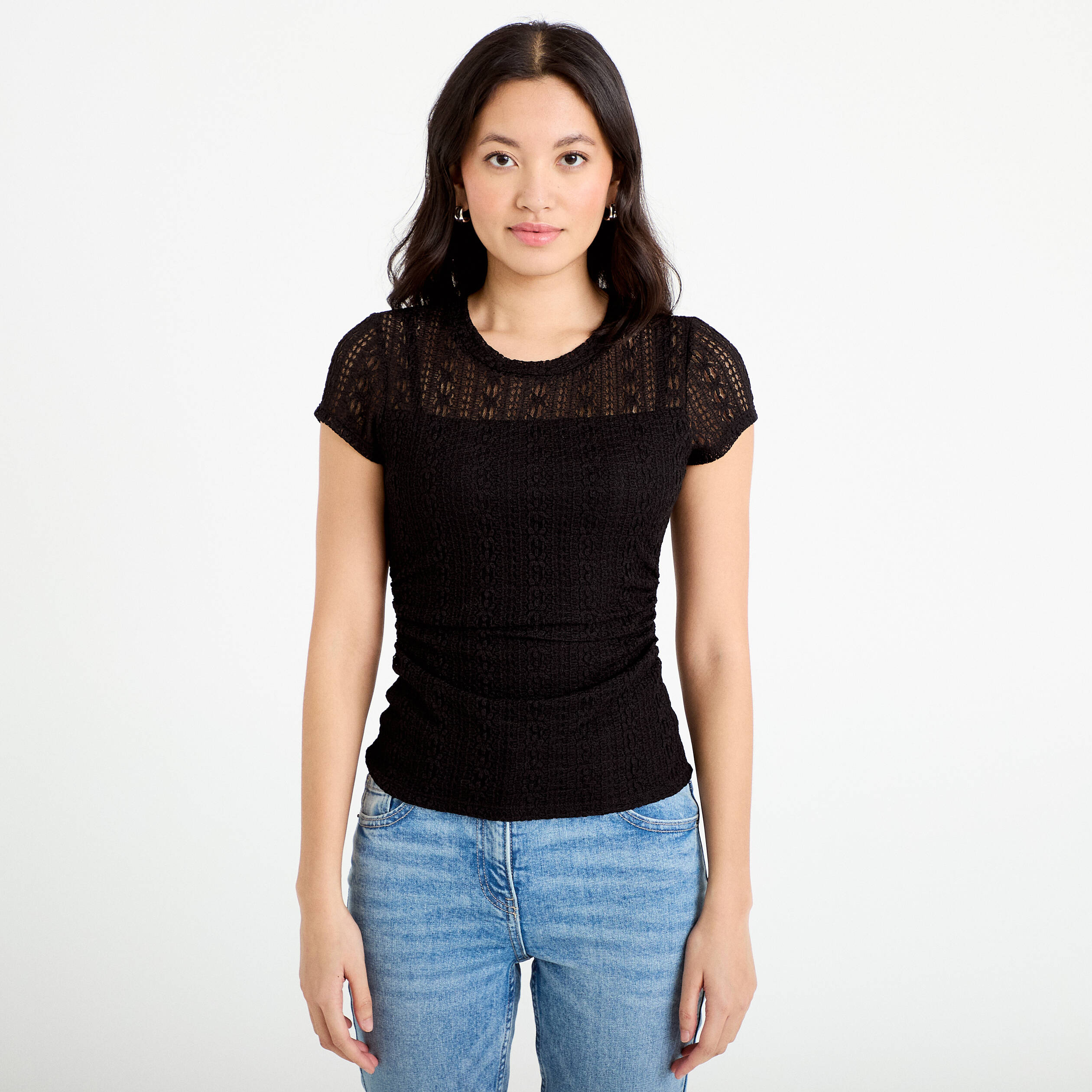 Top en dentelle col rond manches courtes noir femme