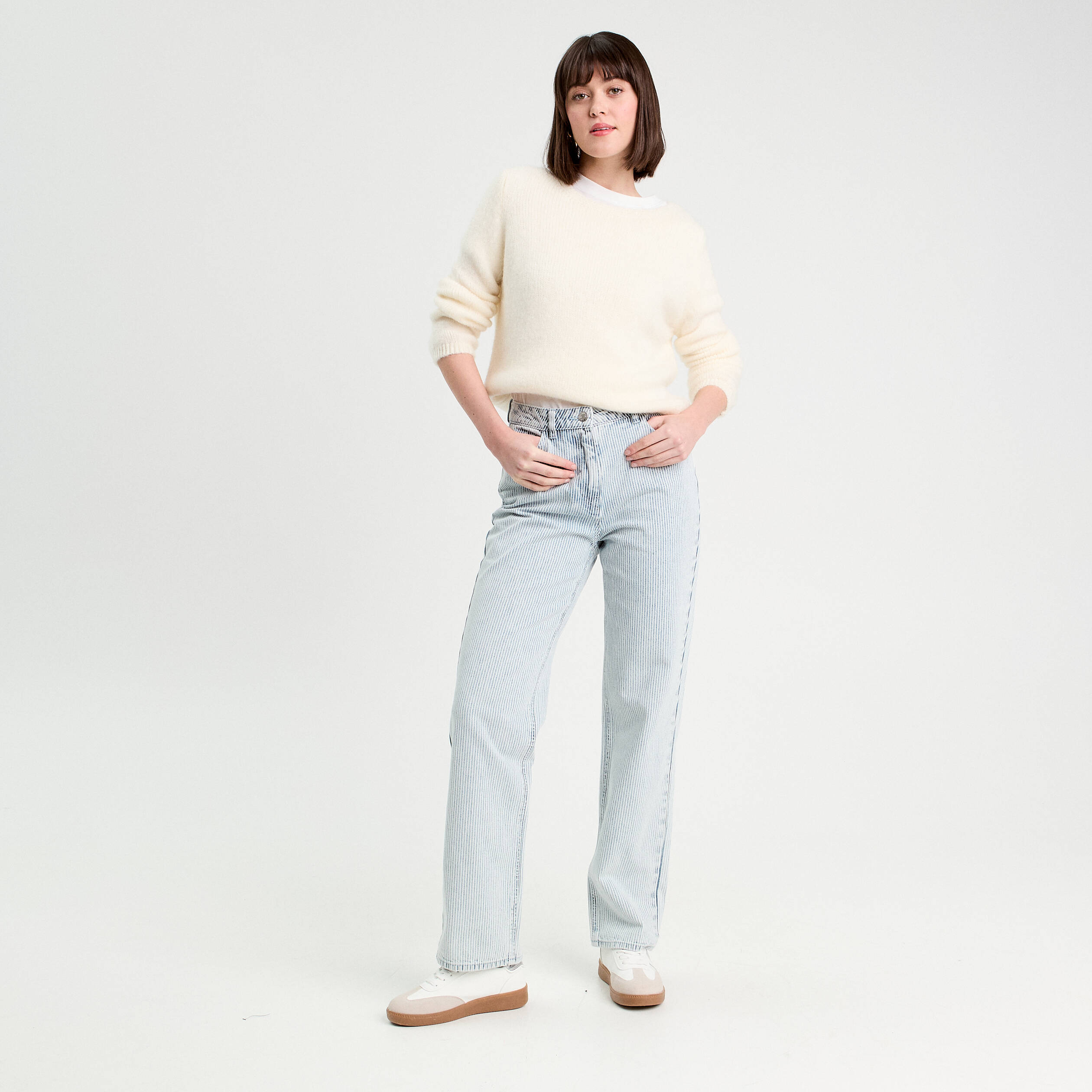 Jean droit taille haute bleu gris femme