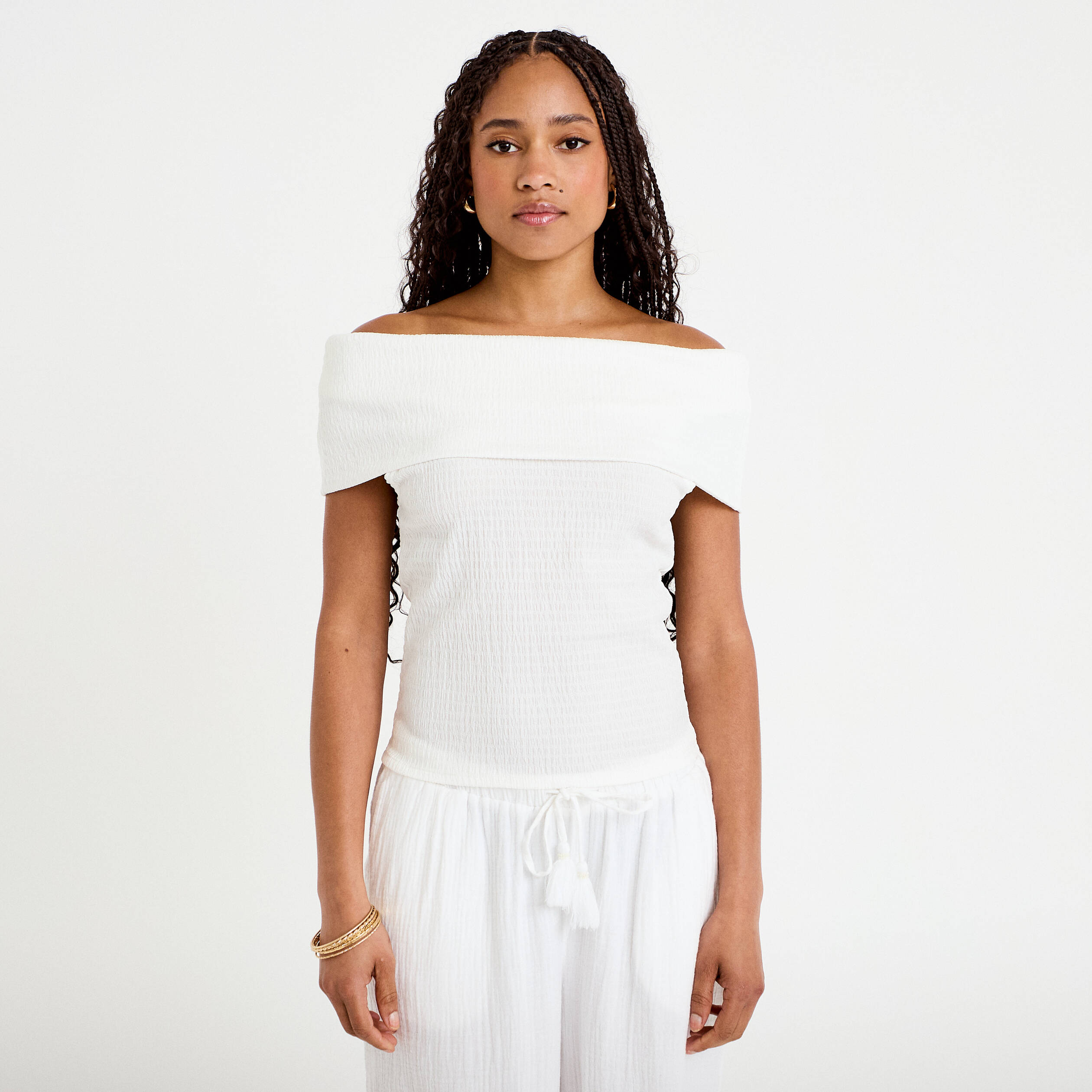 Top col bardot ecru femme