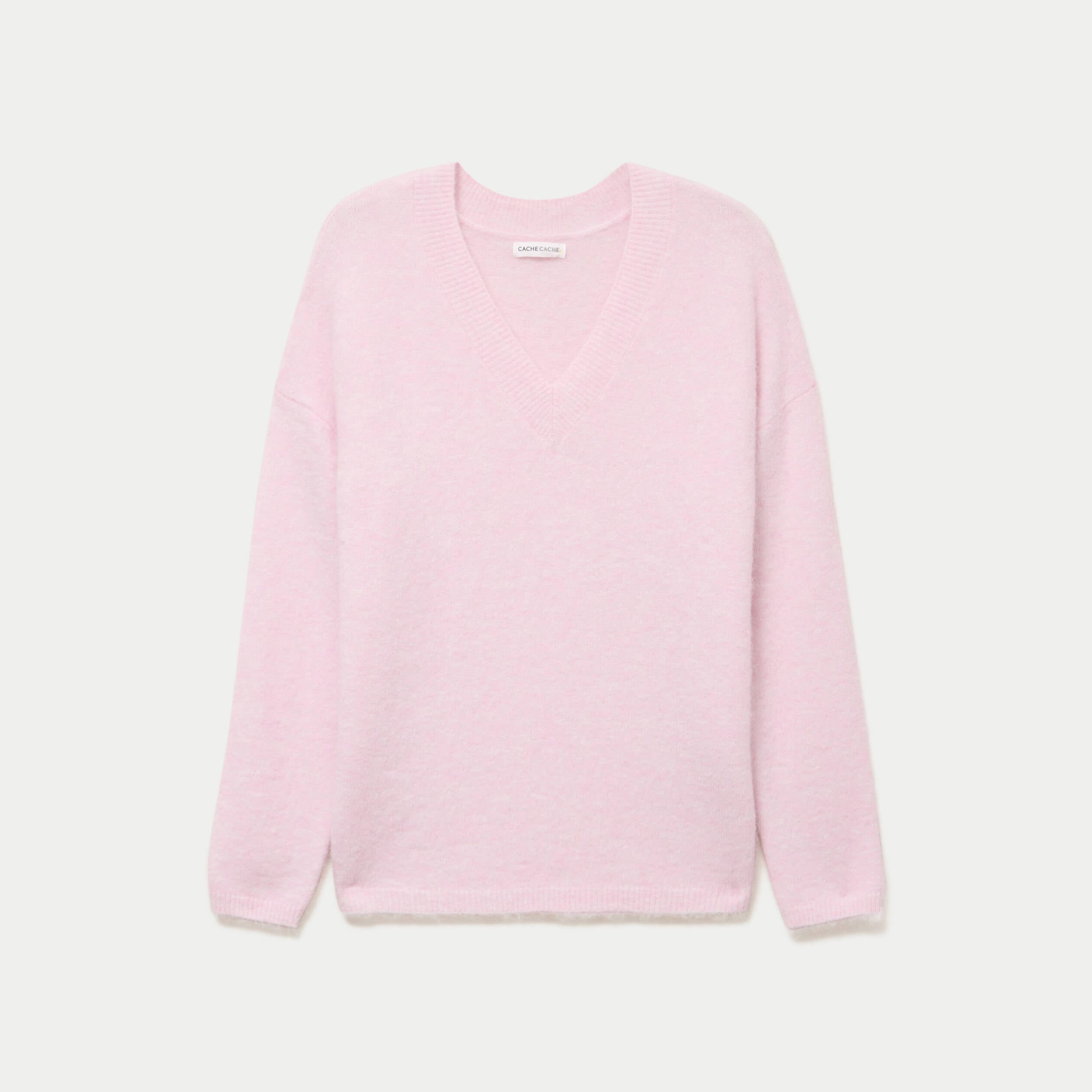 Pull col v manches longues rose clair femme